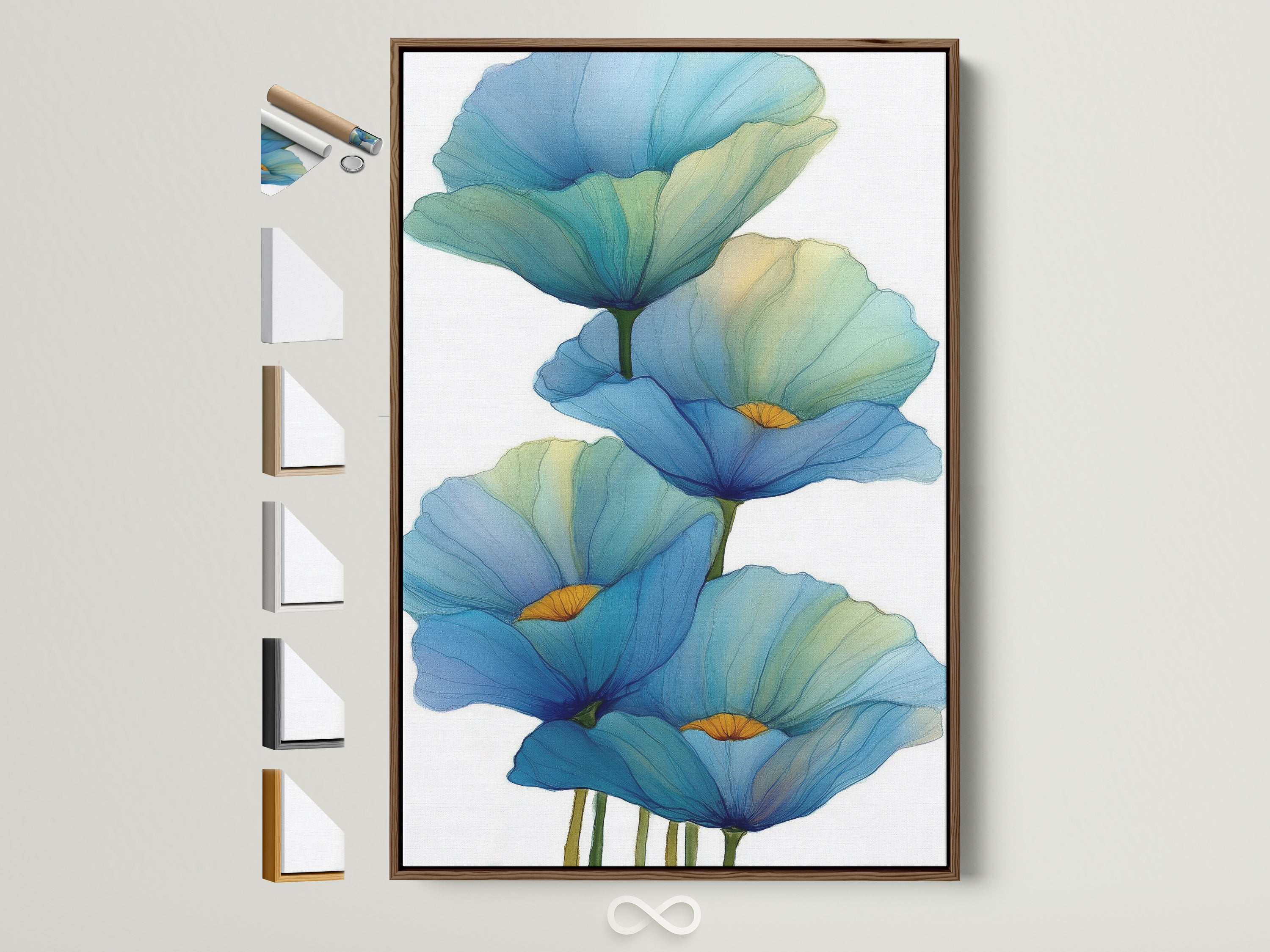 Explore frame options for your blue floral canvas print. This brown frame is displayed with other frame styles. Find the perfect frame to complement your botanical wall art. Enhance your modern home decor with a custom framed artwork.