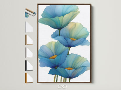 Explore frame options for your blue floral canvas print. This brown frame is displayed with other frame styles. Find the perfect frame to complement your botanical wall art. Enhance your modern home decor with a custom framed artwork.