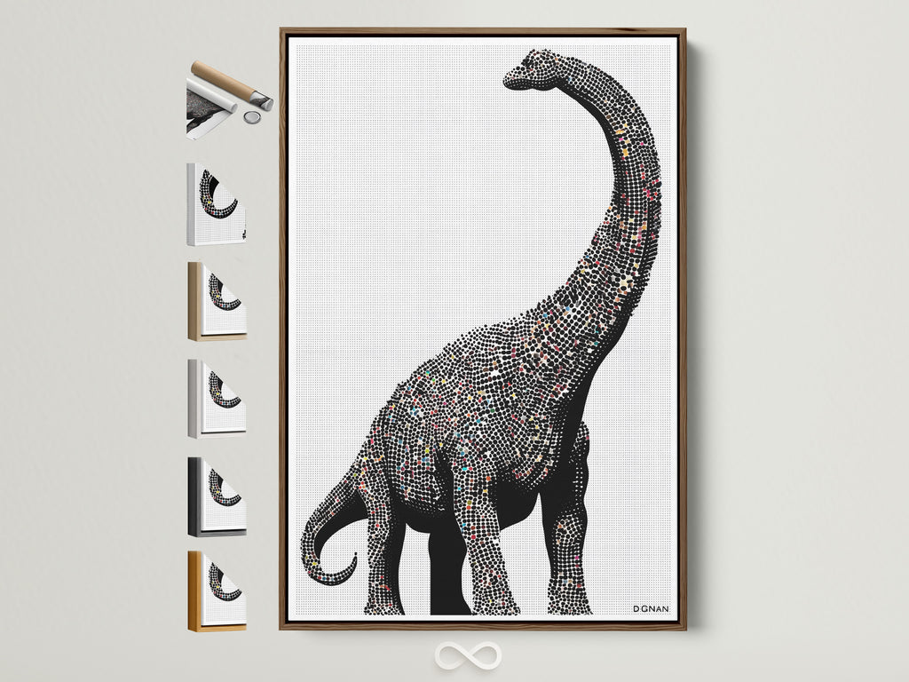 Dinosaur wall art featuring a minimalist brontosaurus canvas print. It is perfect modern nursery decor for a kids room. The artwork has a brown frame. You can see all frame options on the side. This is elevated contemporary wall decor.