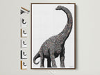 Dinosaur wall art featuring a minimalist brontosaurus canvas print. It is perfect modern nursery decor for a kids room. The artwork has a brown frame. You can see all frame options on the side. This is elevated contemporary wall decor.