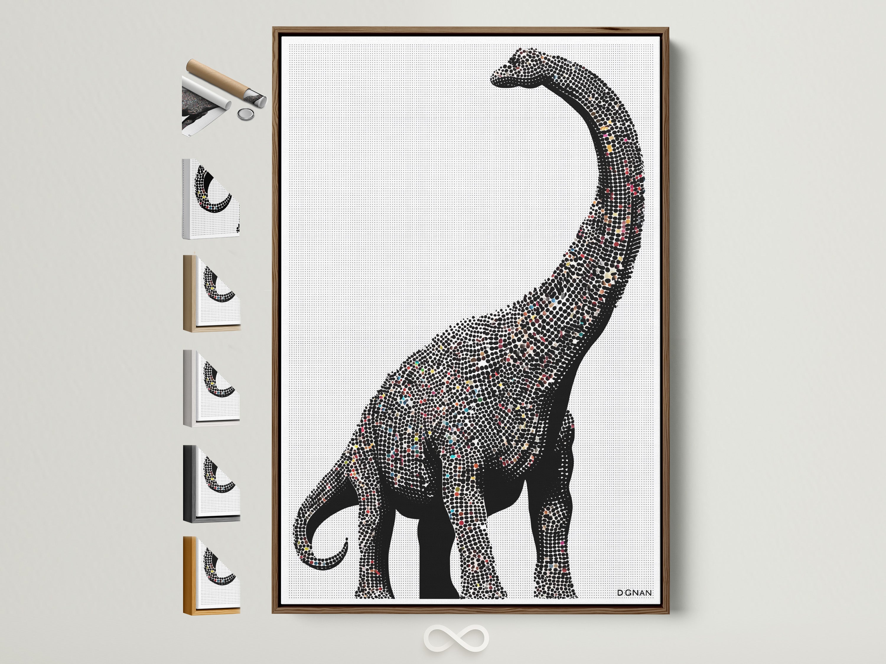 Dinosaur wall art featuring a minimalist brontosaurus canvas print. It is perfect modern nursery decor for a kids room. The artwork has a brown frame. You can see all frame options on the side. This is elevated contemporary wall decor.