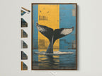 Whale Tail artwork in a brown frame. The artwork features a blue and yellow background. A whale's tail rises from the ocean water. Explore frame options for coastal bedroom decor. Find marine life prints and ocean wall art.