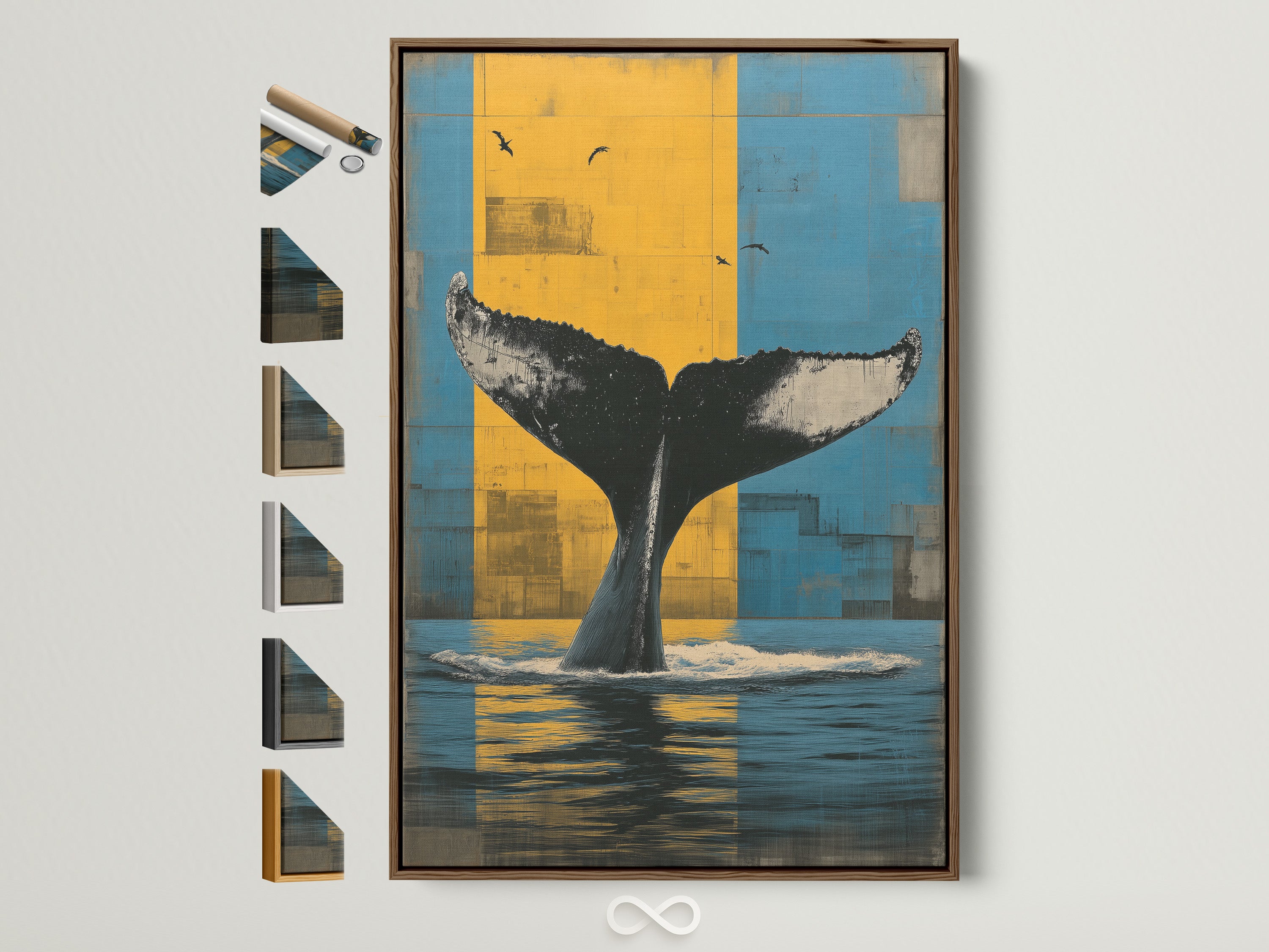 Whale Tail artwork in a brown frame. The artwork features a blue and yellow background. A whale's tail rises from the ocean water. Explore frame options for coastal bedroom decor. Find marine life prints and ocean wall art.