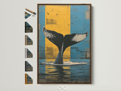 Whale Tail artwork in a brown frame. The artwork features a blue and yellow background. A whale's tail rises from the ocean water. Explore frame options for coastal bedroom decor. Find marine life prints and ocean wall art.