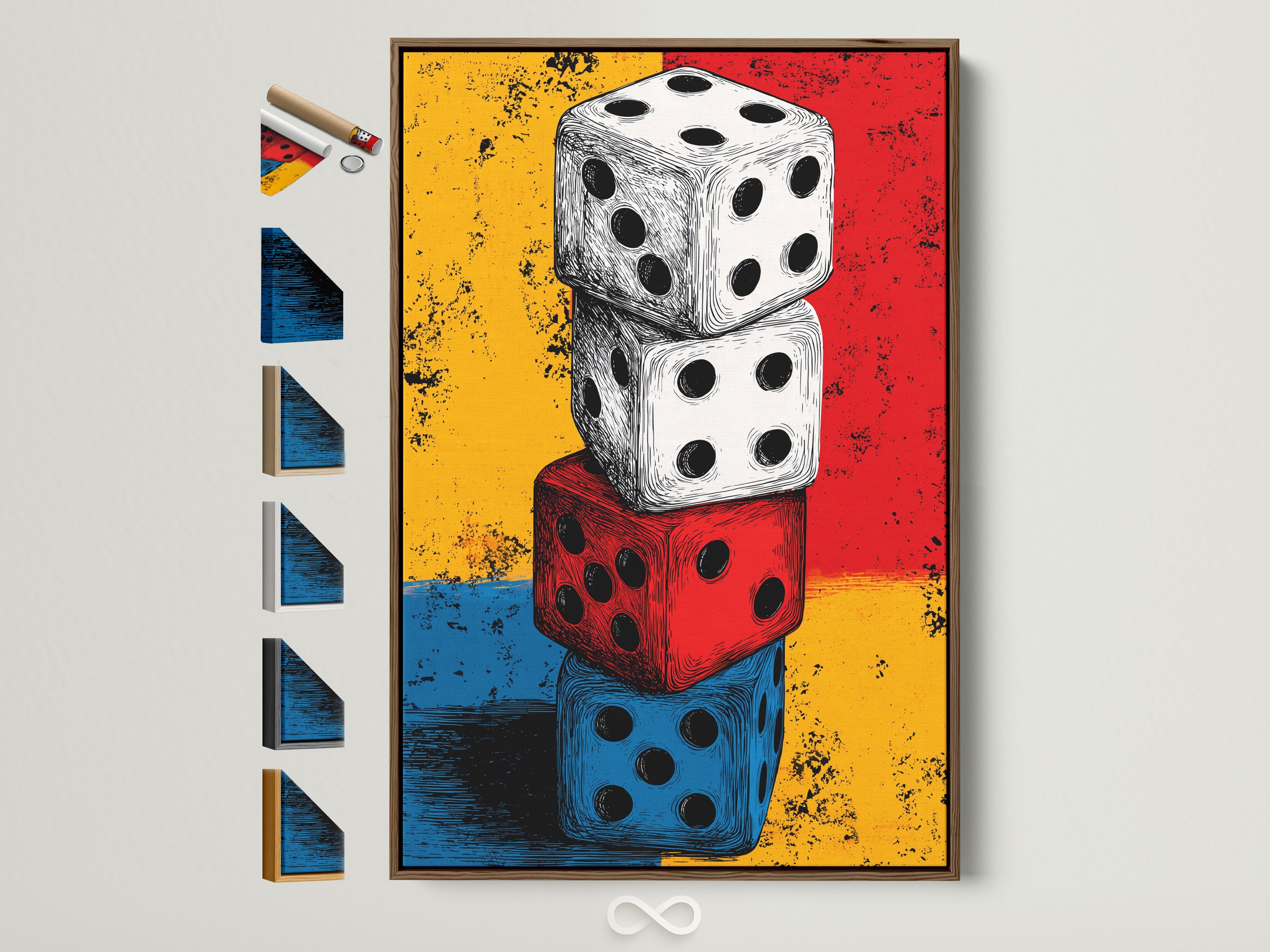 Vintage Dice artwork in a brown frame. The frame options are displayed on the side. It is perfect colorful pop art for a man cave or gaming room decor. Get your retro gaming wall art today