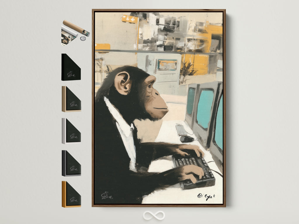 A framed Monkey Office Art Print hangs on a white wall. The artwork depicts a chimpanzee in a suit typing on a computer. The frame is a light brown wood. Other frame options are displayed on the side. It is a funny animal artwork for a modern office. This quirky wall decor elevates any space.