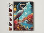 Explore framing options for heron bird artwork. See the brown frame along with other frame styles. Find the perfect frame to complement your autumn landscape wall art and teal blue decor.