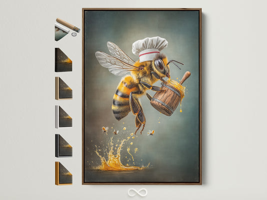 Chef Bee artwork in a brown frame. See the available framing options for this whimsical kitchen canvas print. Perfect honey bee chef poster for dining rooms and restaurants. Explore country and farmhouse styles. Find the ideal art for your space.