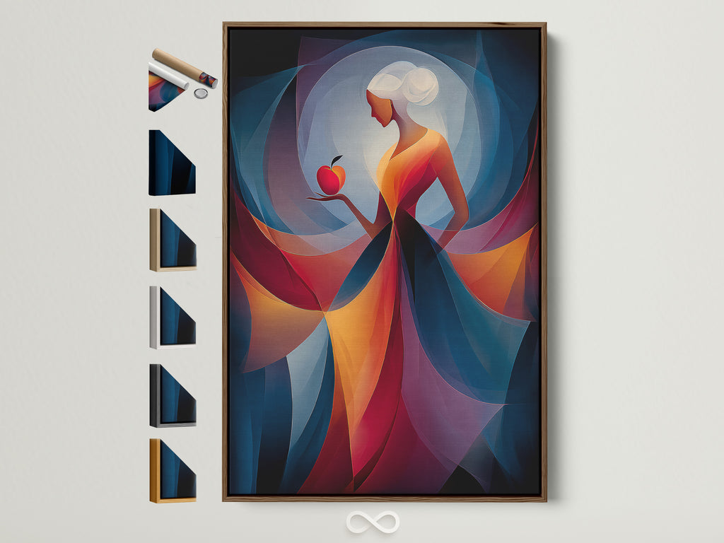 A captivating artwork in a brown frame is displayed. The art features a woman holding a red apple. Various frame options are presented on the side. The artwork adds elegance to any space.