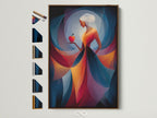 A captivating artwork in a brown frame is displayed. The art features a woman holding a red apple. Various frame options are presented on the side. The artwork adds elegance to any space.