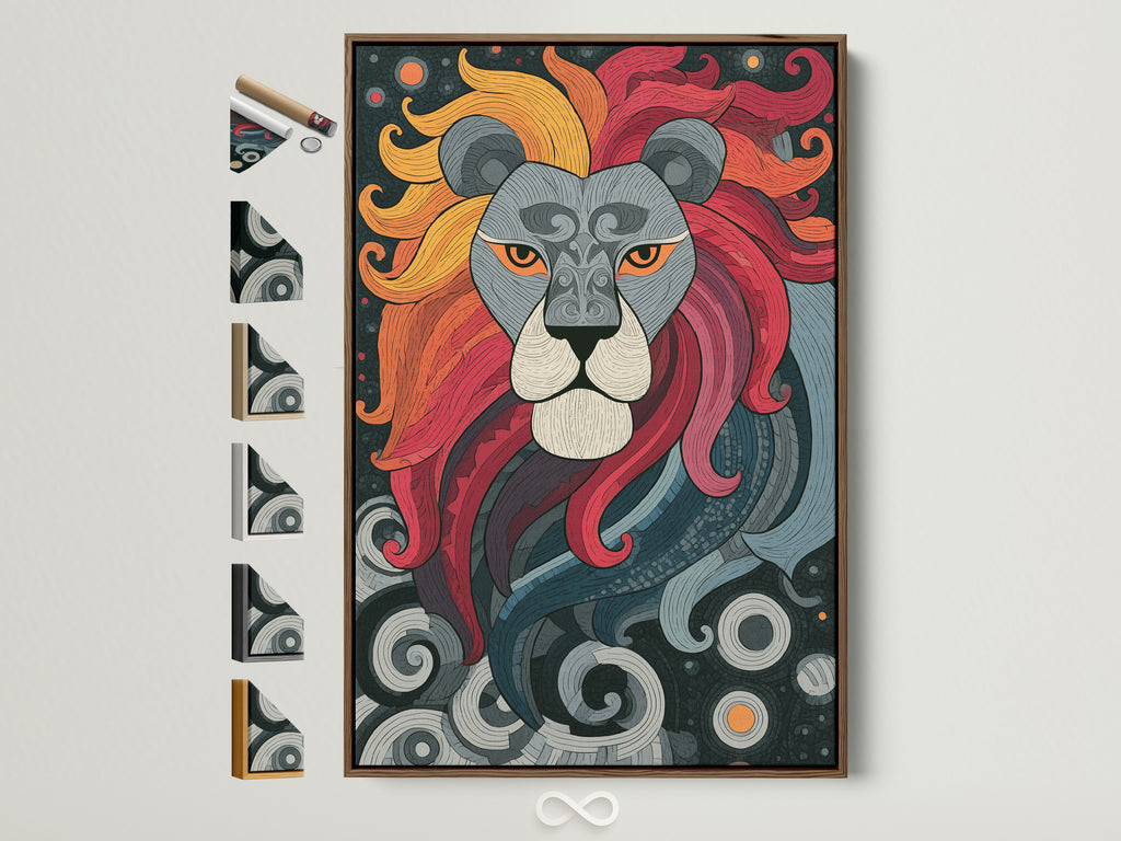 A vibrant lion artwork is displayed in a brown frame. The artwork features a stylized lion with a colorful mane. Various frame options are showcased to the side. Discover framing options for your favorite artwork. This frame enhances the artwork's visual appeal.