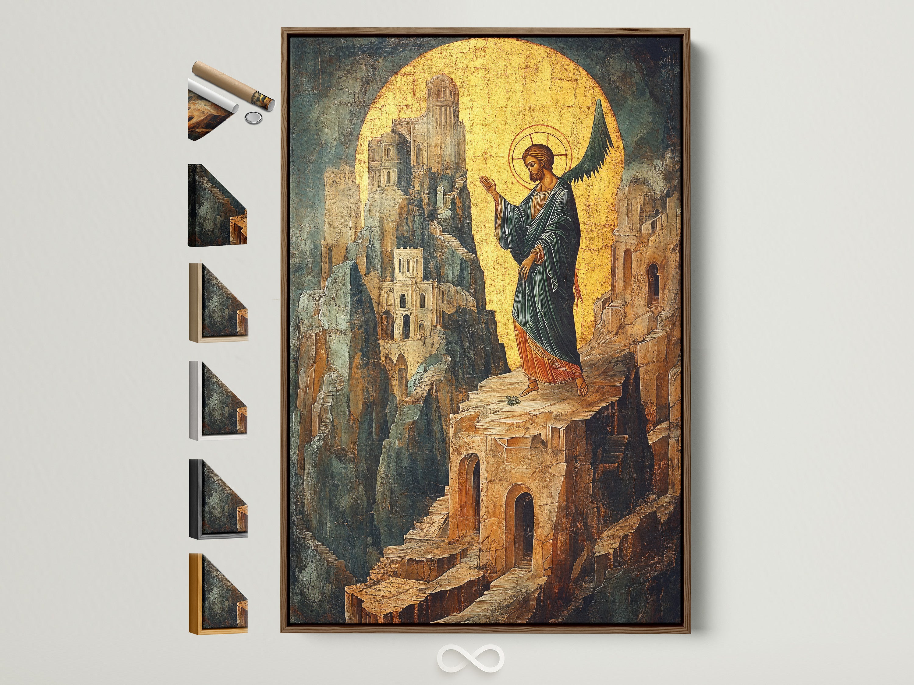 Byzantine Angel Art Print in a brown frame. Religious Icon Wall Art adds sacredness to any space. See all frame options to customize your Orthodox Christian Canvas Print. The Victorian style and gold primary color enhance the spiritual wall art.