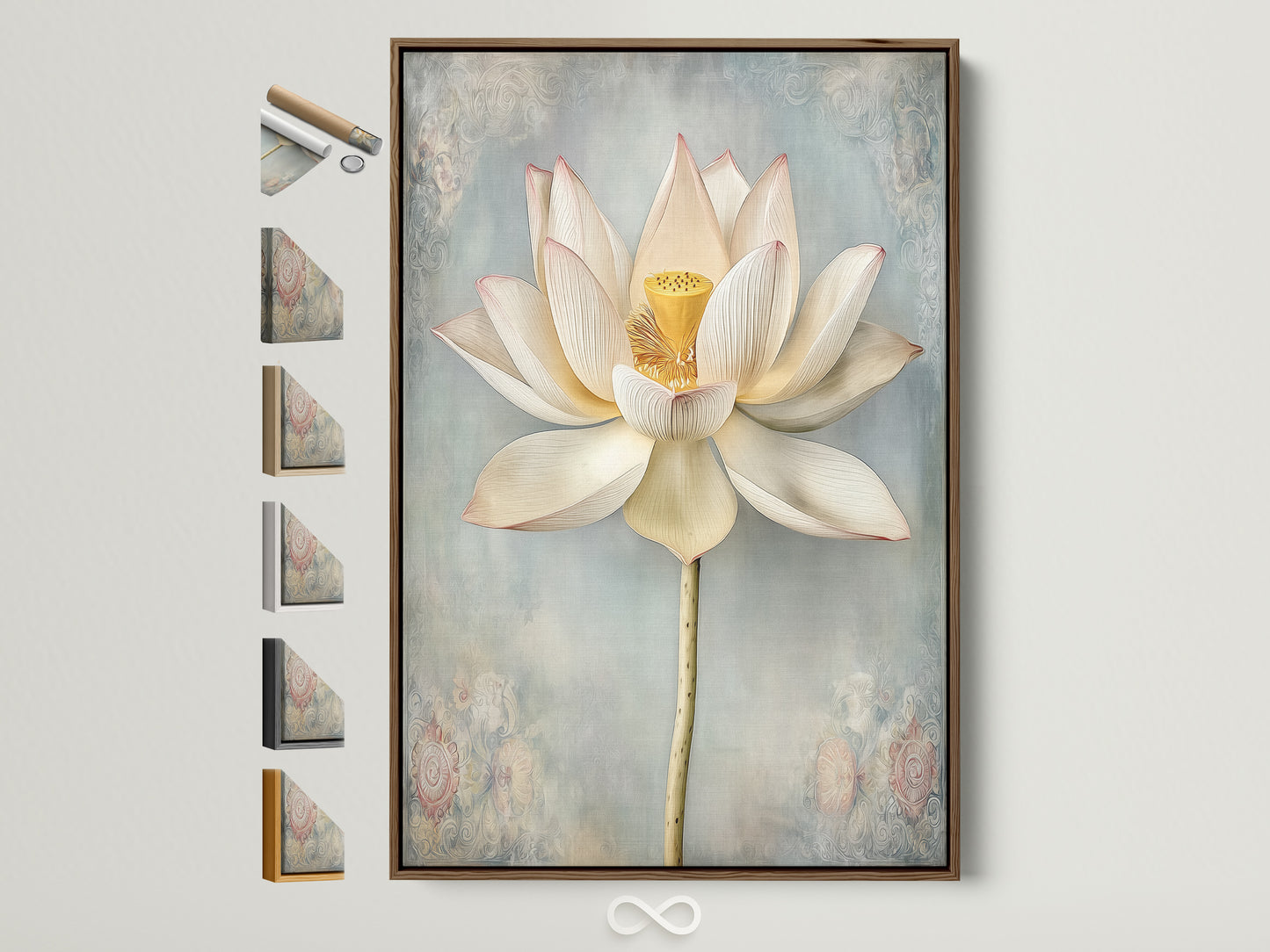 Lotus Flower artwork in a brown floating frame. See all frame options available. Modern botanical artwork brings calming zen to any space. Perfect floral fine art print for bedroom or spa wall decor.