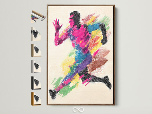 A framed artwork hangs on a wall. The frame is brown. This image displays all available frame options. It is a colorful art piece. The artwork features an abstract runner. The runner is composed of vibrant hues. The artwork adds a pop of color to any room.