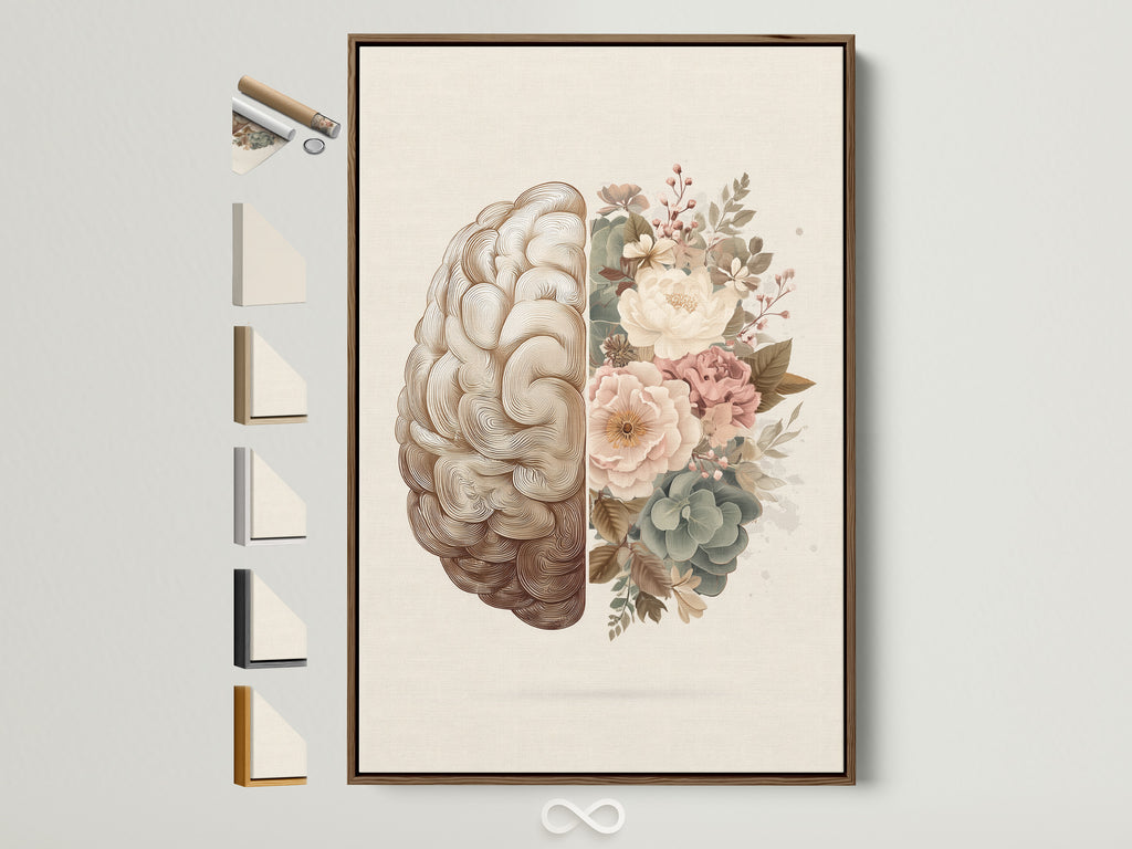 Framed floral brain artwork on a white wall. The print features a detailed brain illustration merged with delicate pastel flowers. A thin brown wooden frame surrounds the print adding a touch of warmth. Explore options like canvas or fine art paper to customize your art.
