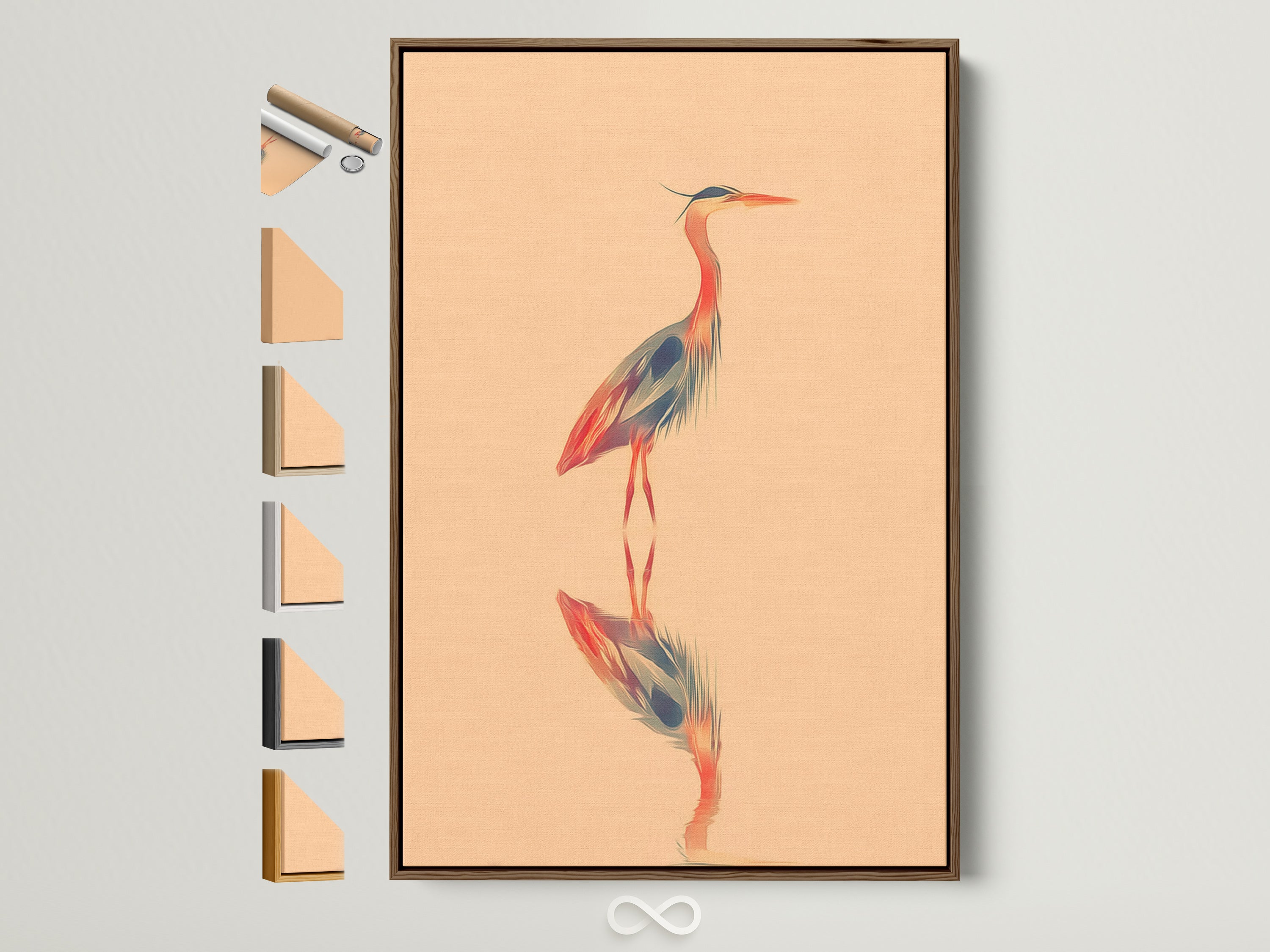 Heron art print with a brown frame. The artwork depicts a coastal bird with a peach background. Frame options are displayed on the side. It is perfect for minimalist decor. This serene art brings nature indoors.