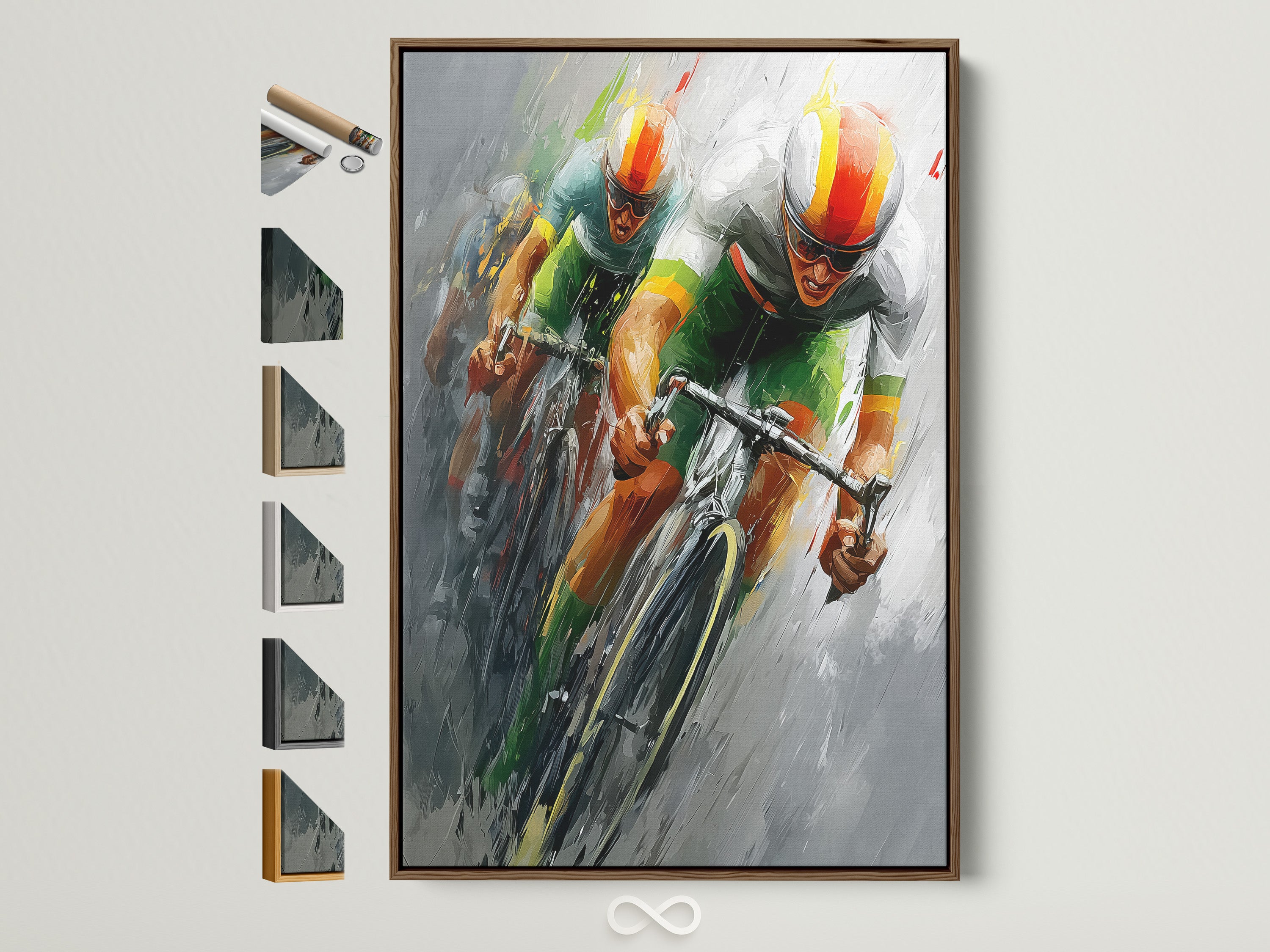 A vibrant cyclists artwork is displayed in a brown frame. See all available frame options. Find the perfect frame to complement your art. Discover various styles and finishes to enhance your walls.