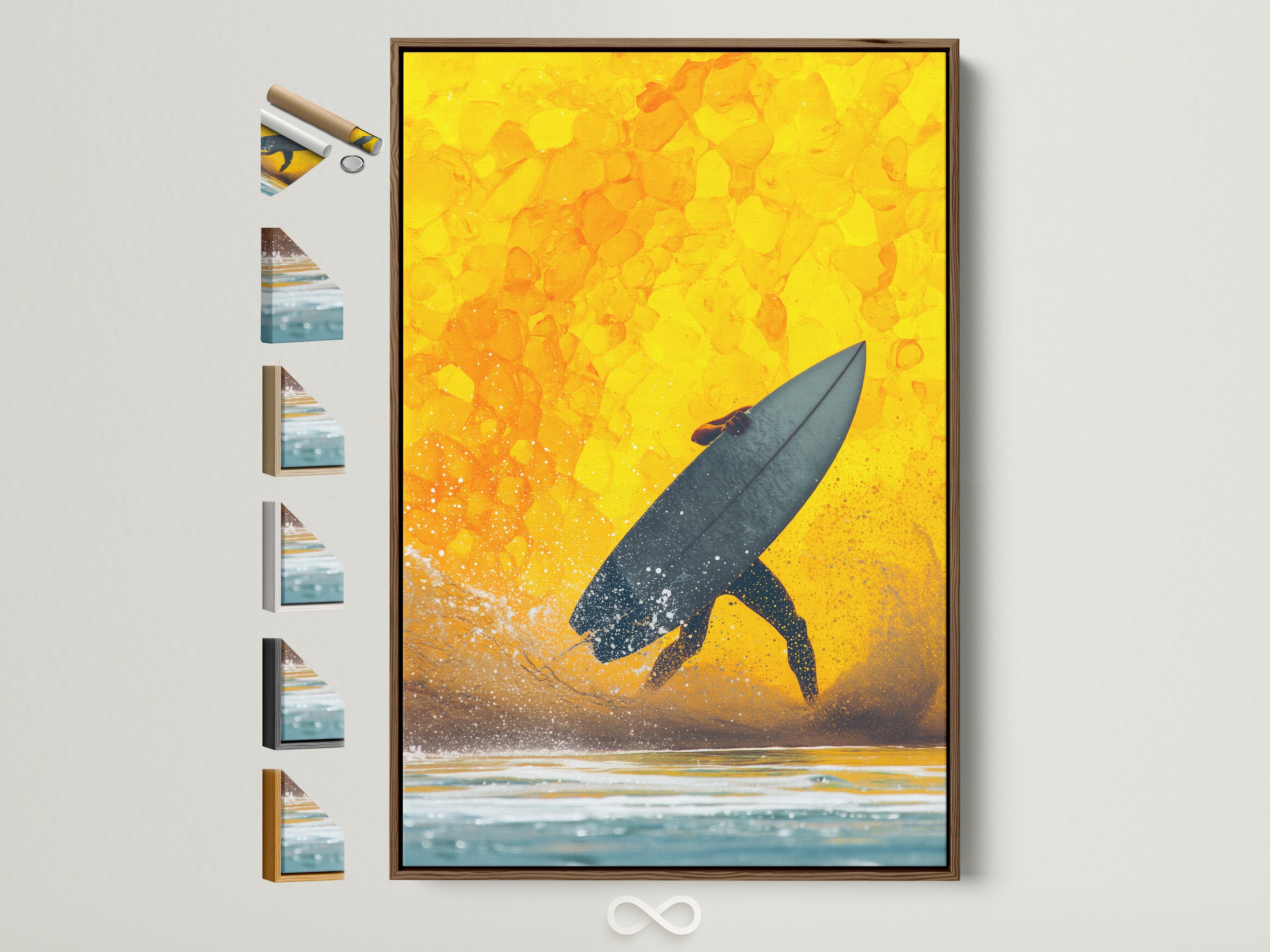 Yellow Surfing Canvas Art framed — surfer silhouette at golden sunset