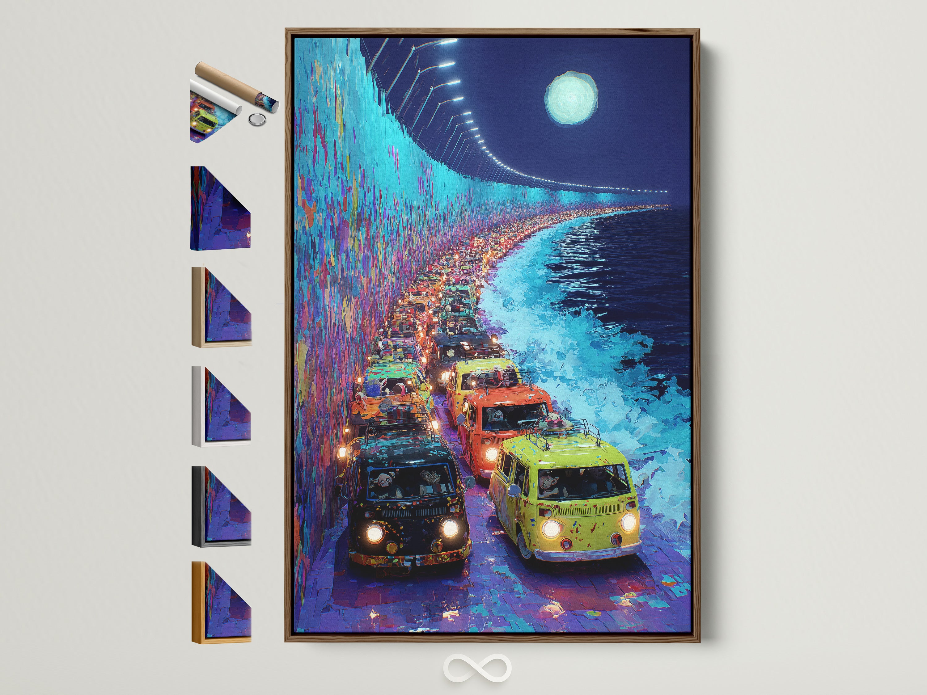 Retro van artwork with a brown frame. This art piece features a coastal highway scene. The image shows frame options along the side. Perfect wall art for bohemian coastal or eclectic styles. A vintage vehicle poster adds character to any space. It's great for living rooms bedrooms or offices