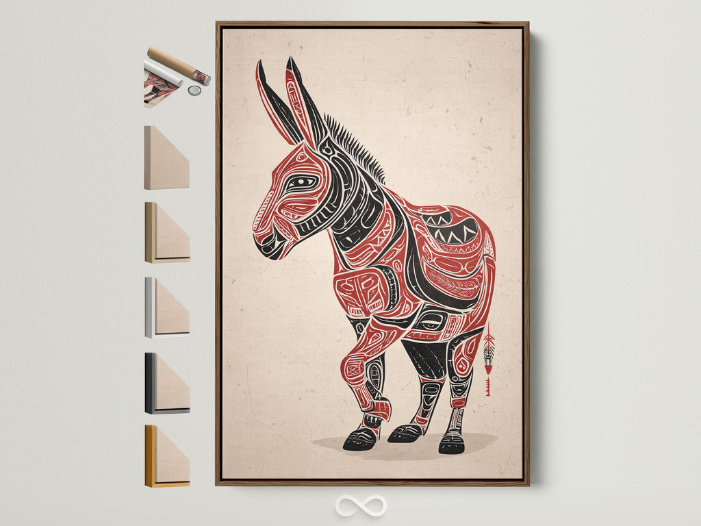A brown-framed Tribal Donkey art print hangs on a wall. The artwork features a donkey in Native American style. Frame options are displayed beside it. This southwestern animal artwork is ideal for office decor or rustic homes. The primary color is red and secondary color is black.