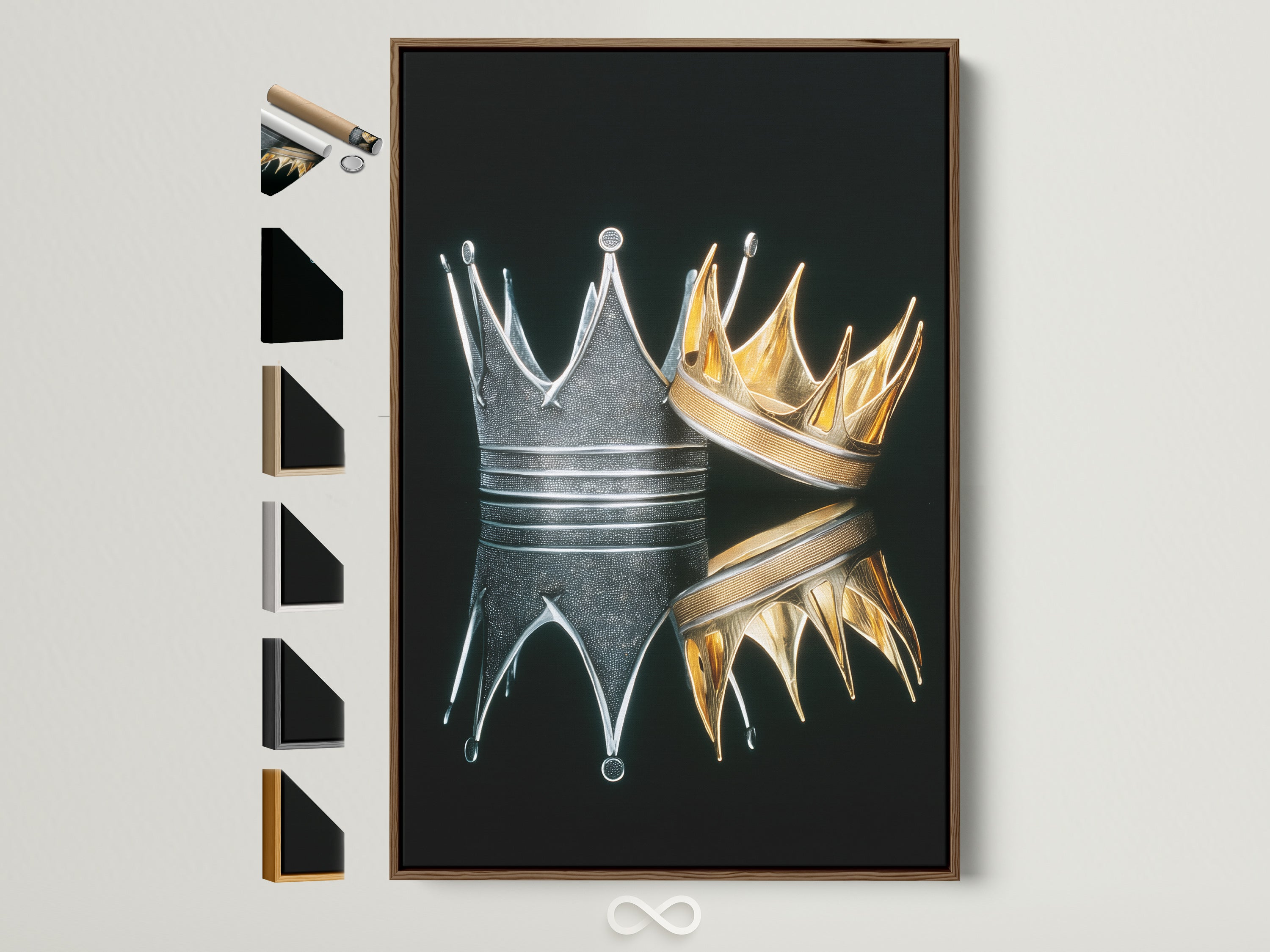 Elevate your space with Crowns Canvas Print. This artwork features gold and silver royal crowns. The brown frame complements various styles. See all available frame options. Perfect for adding a touch of regal decor to any room. Modern jewelry art for office decor.