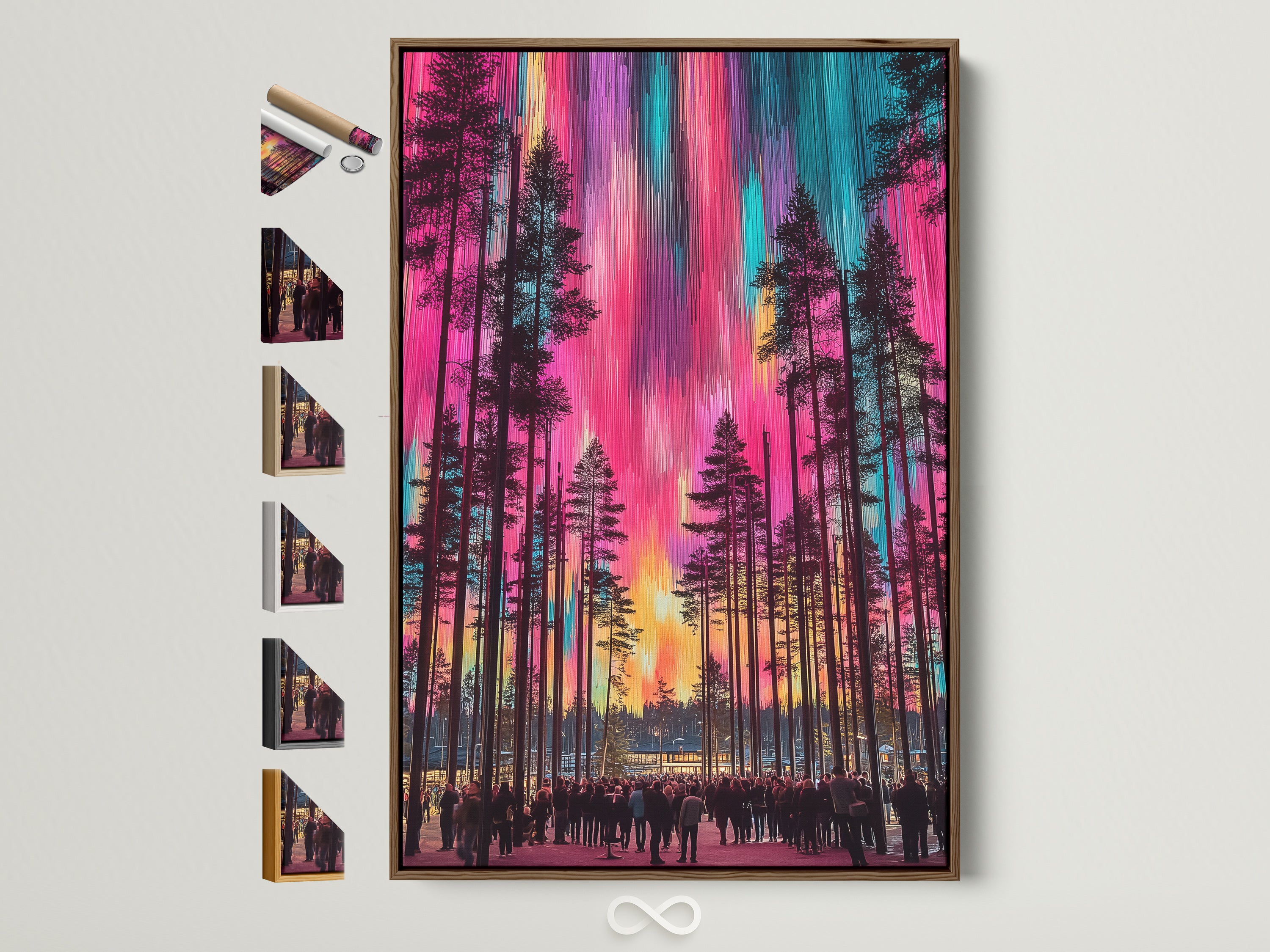 Aurora Borealis artwork in a brown frame. This colorful forest poster brings the northern lights into your home. See all frame options on the side. A perfect gift for the nature lover. This vivid wall decor will bring magic to any space.