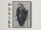 Justice Scales Goat Artwork with a brown frame. All available frame options are visible on the side. This surreal legal wall art is perfect for office study room decor. The dark fantasy canvas adds a unique touch to any space.