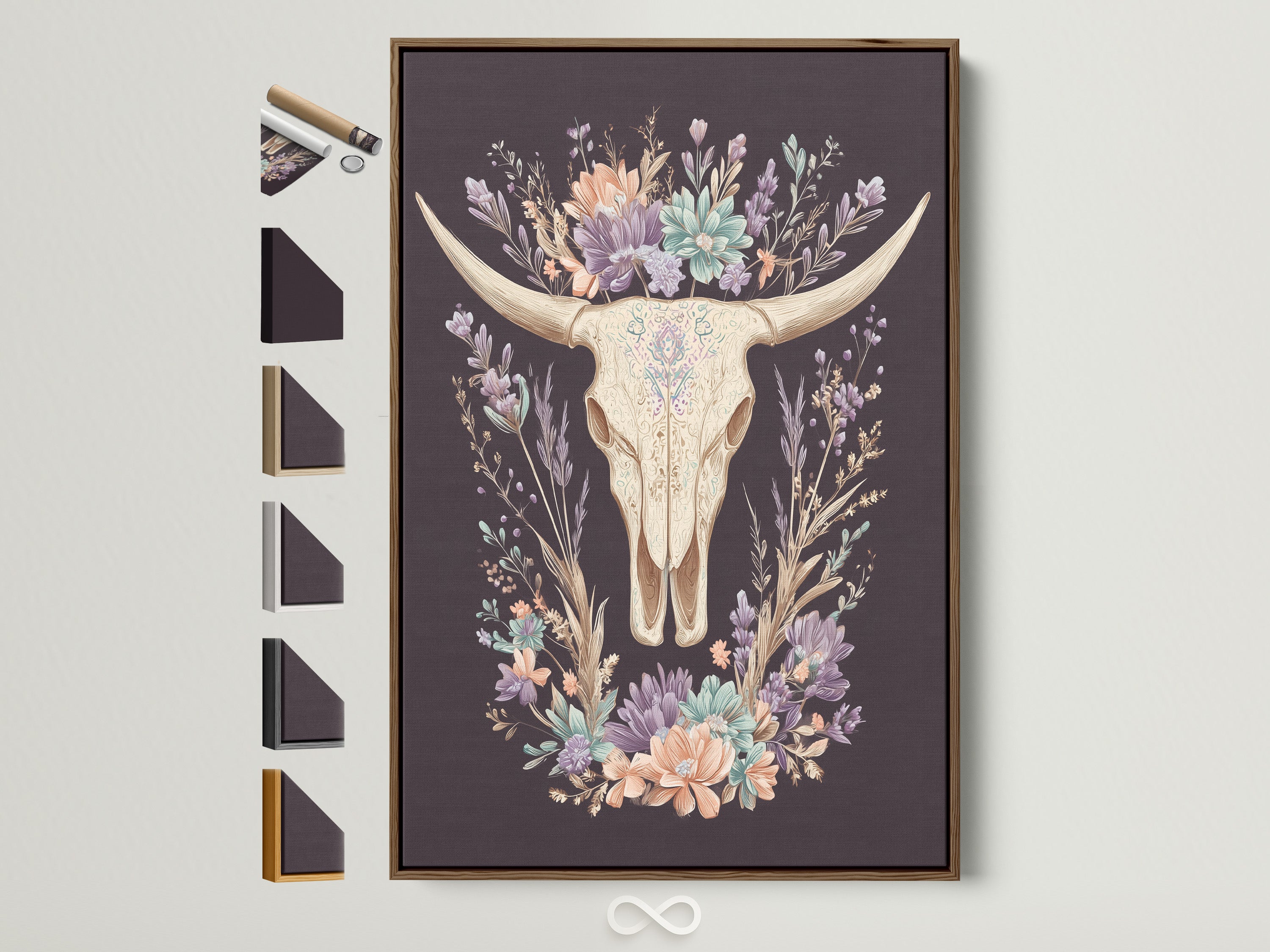 Artwork featuring a bovine skull with floral elements. It is encased in a brown frame. This piece is part of a collection with various frame options. Perfect art to add a touch of rustic charm. Consider the different frame styles available.