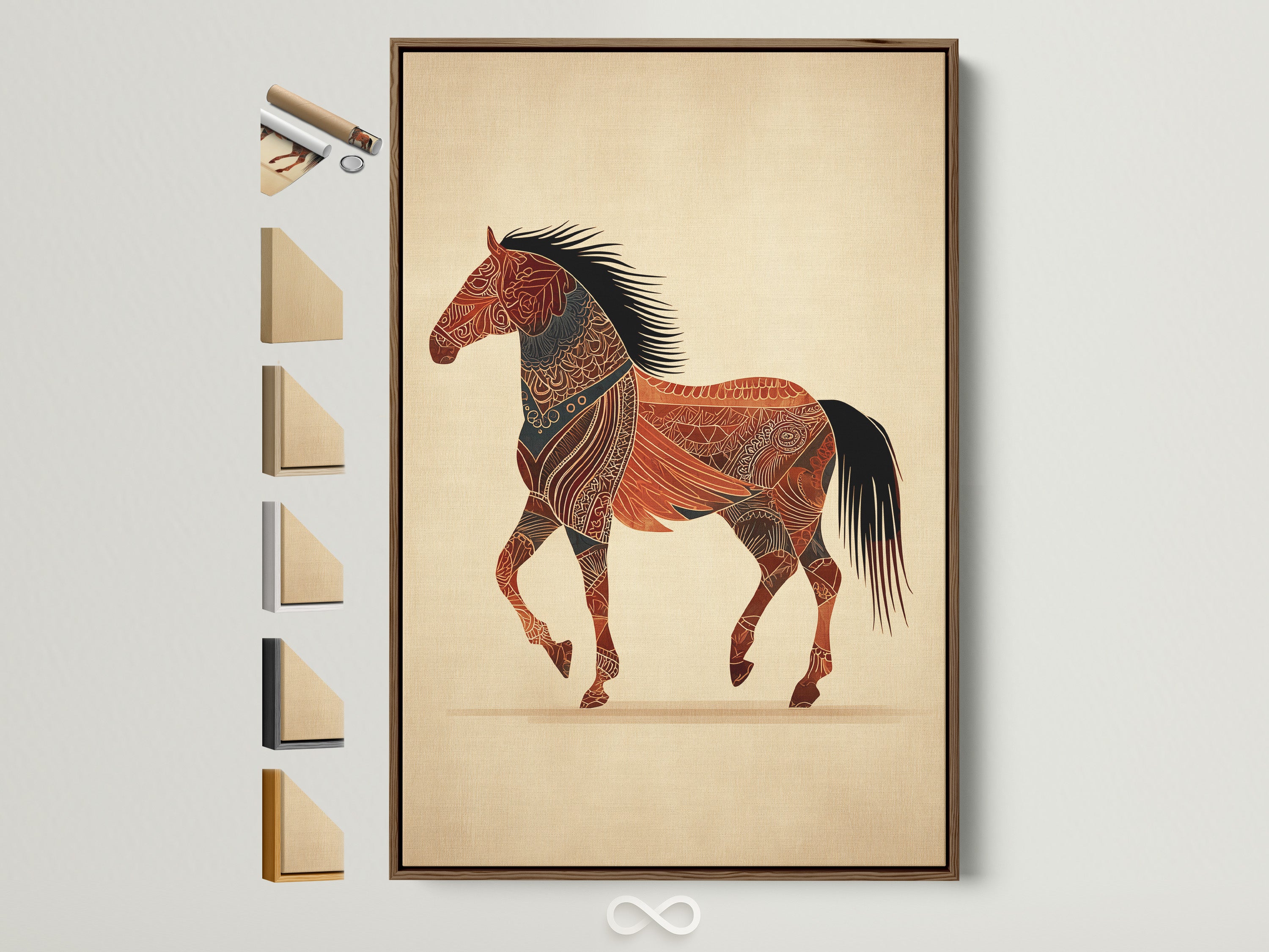 Artwork in a brown frame is displayed. It showcases all available frame options. Viewers can explore various styles. This allows them to visualize the final look. Find the perfect frame to complement your chosen art.