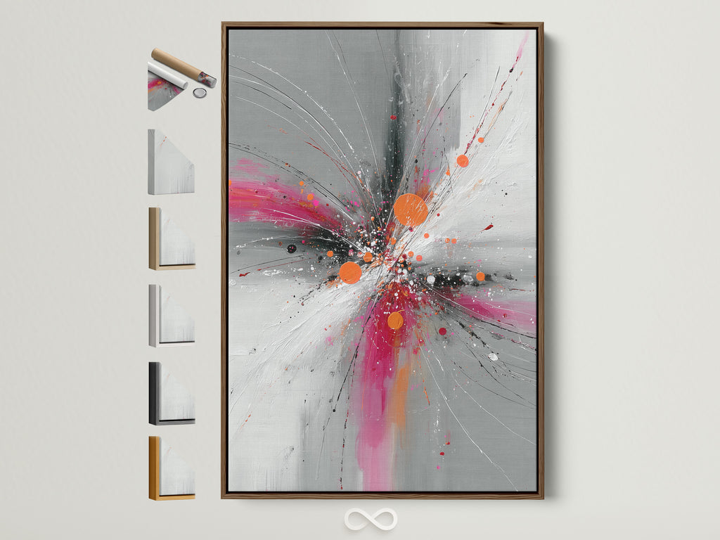 Abstract Burst artwork with pink orange and gray hues in a brown frame. This contemporary explosion print adds a touch of modern elegance. Explore various frame options to complement your art. Perfect for living rooms offices or studios. Elevate your space with this vibrant art.