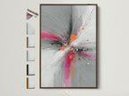 Abstract Burst artwork with pink orange and gray hues in a brown frame. This contemporary explosion print adds a touch of modern elegance. Explore various frame options to complement your art. Perfect for living rooms offices or studios. Elevate your space with this vibrant art.
