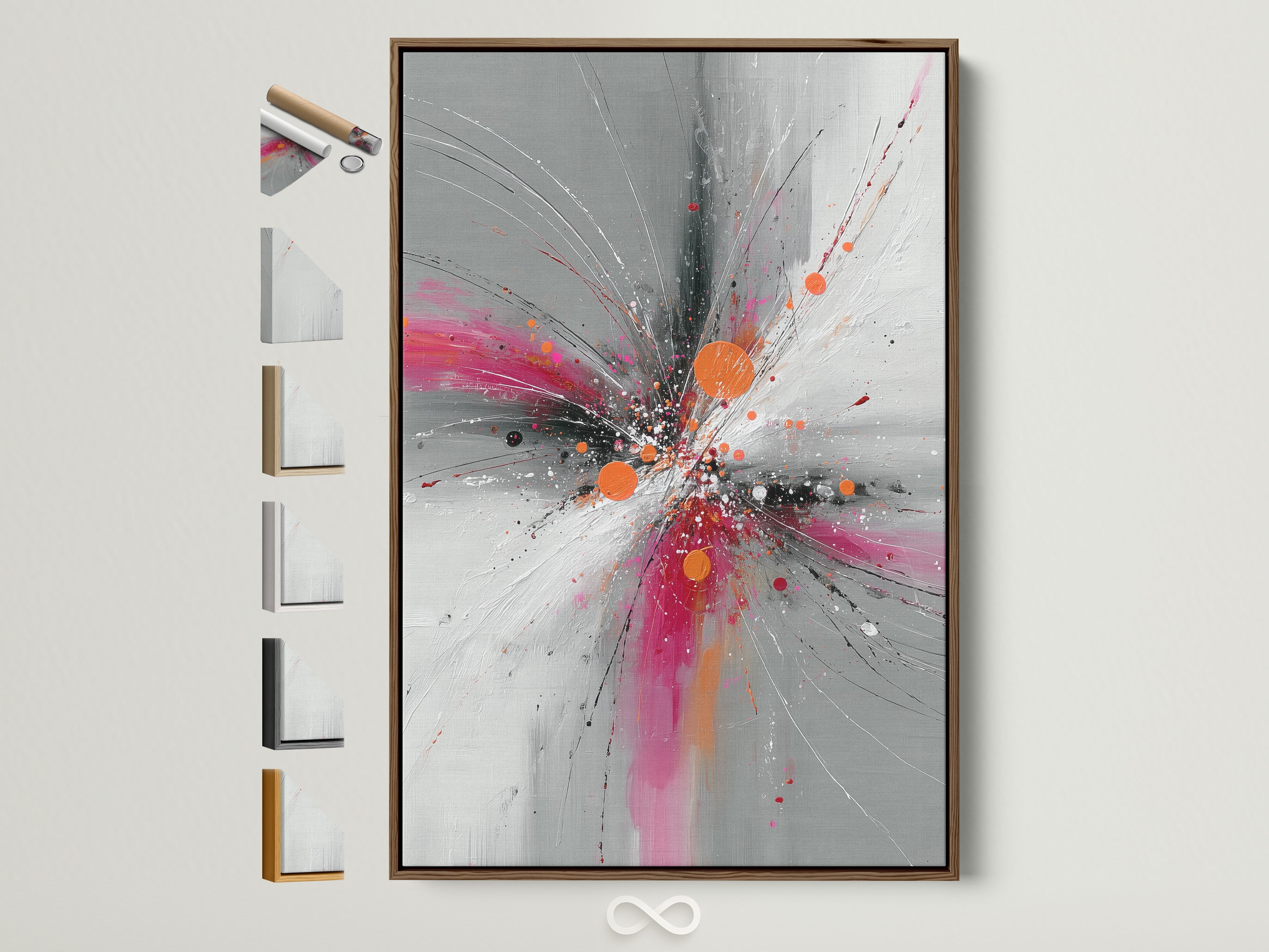 Abstract Burst artwork with pink orange and gray hues in a brown frame. This contemporary explosion print adds a touch of modern elegance. Explore various frame options to complement your art. Perfect for living rooms offices or studios. Elevate your space with this vibrant art.