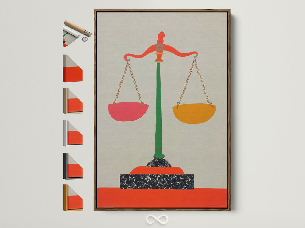 Justice Scales art print with a brown frame. See all frame options for this modern legal wall art. Find the perfect frame to complement your law office decor. Several frame colors are available.