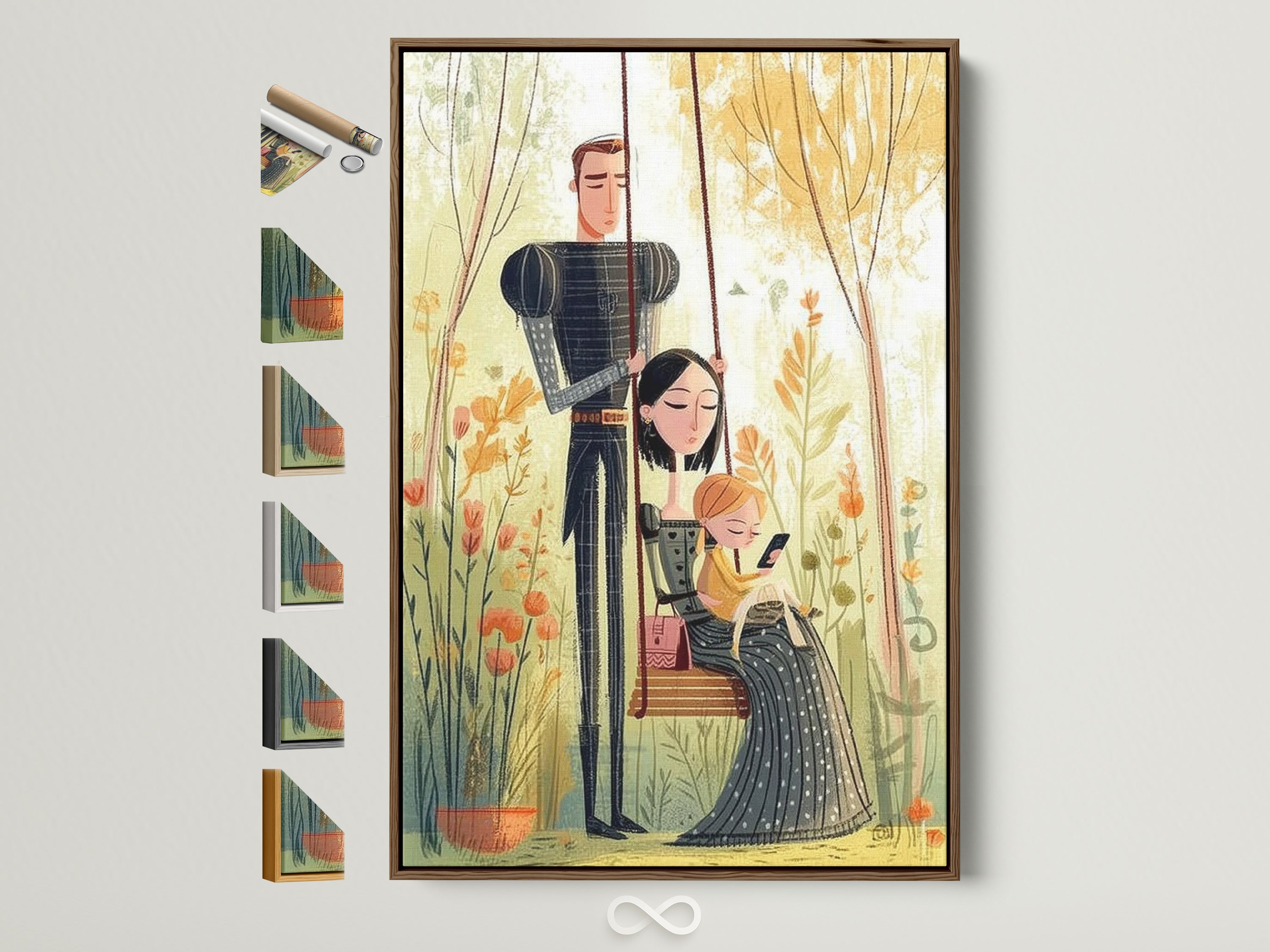 A family portrait artwork is displayed in a brown frame. Various frame options are showcased beside it. This artwork brings a personal touch to any room. Consider this framed artwork for your home.