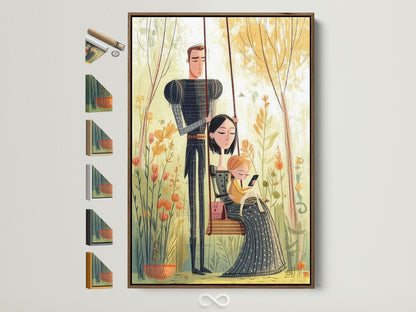 A family portrait artwork is displayed in a brown frame. Various frame options are showcased beside it. This artwork brings a personal touch to any room. Consider this framed artwork for your home.