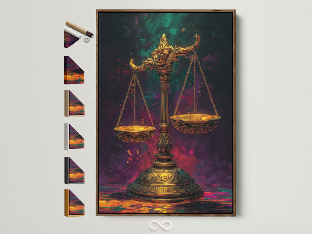 Ornate justice scales artwork with a brown frame. This legal wall art is perfect for a law office or study. The gold and black colors add a touch of Art Deco style. Explore frame options to customize your justice scales canvas print or fine art poster paper.