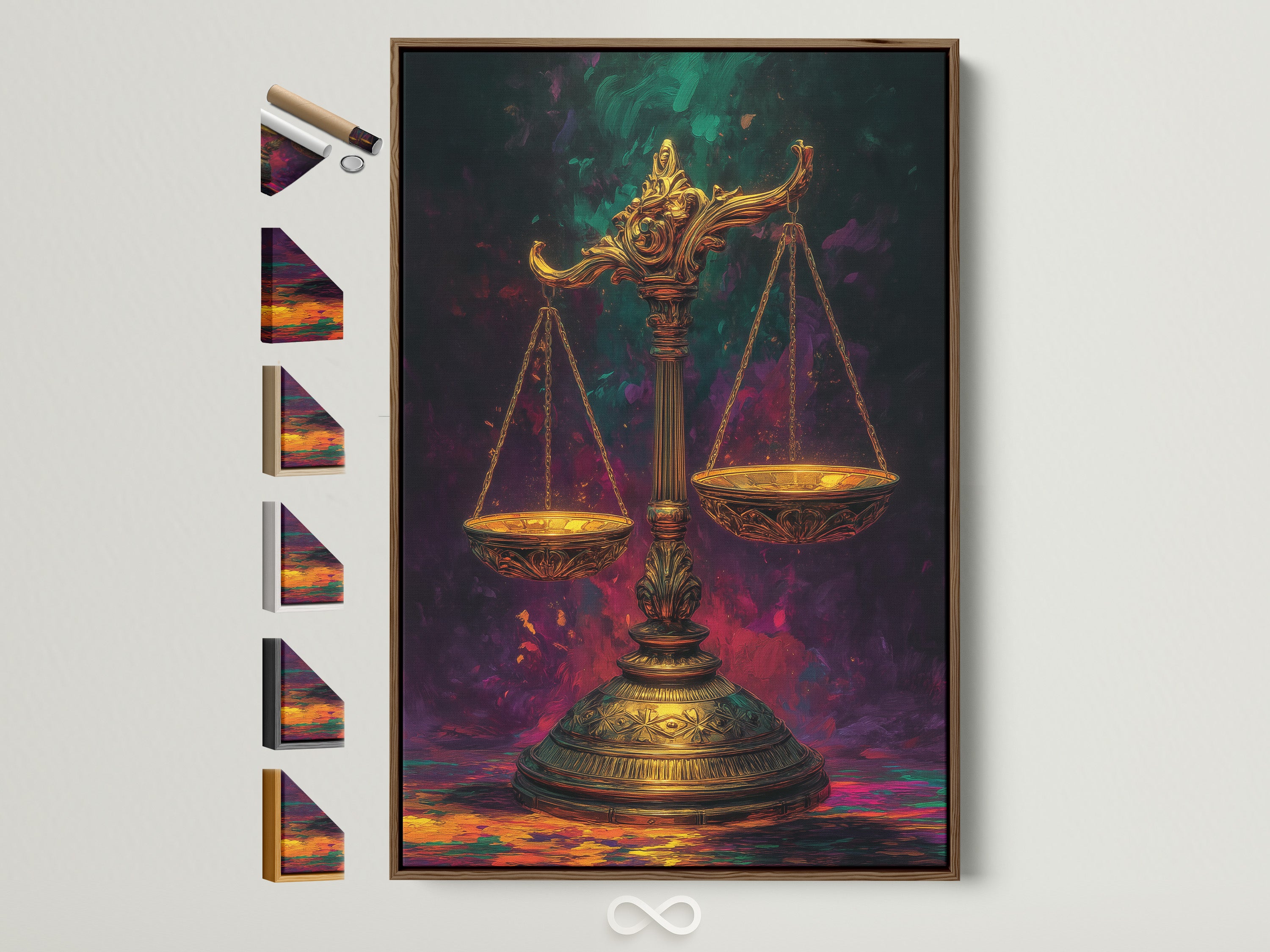 Ornate justice scales artwork with a brown frame. This legal wall art is perfect for a law office or study. The gold and black colors add a touch of Art Deco style. Explore frame options to customize your justice scales canvas print or fine art poster paper.