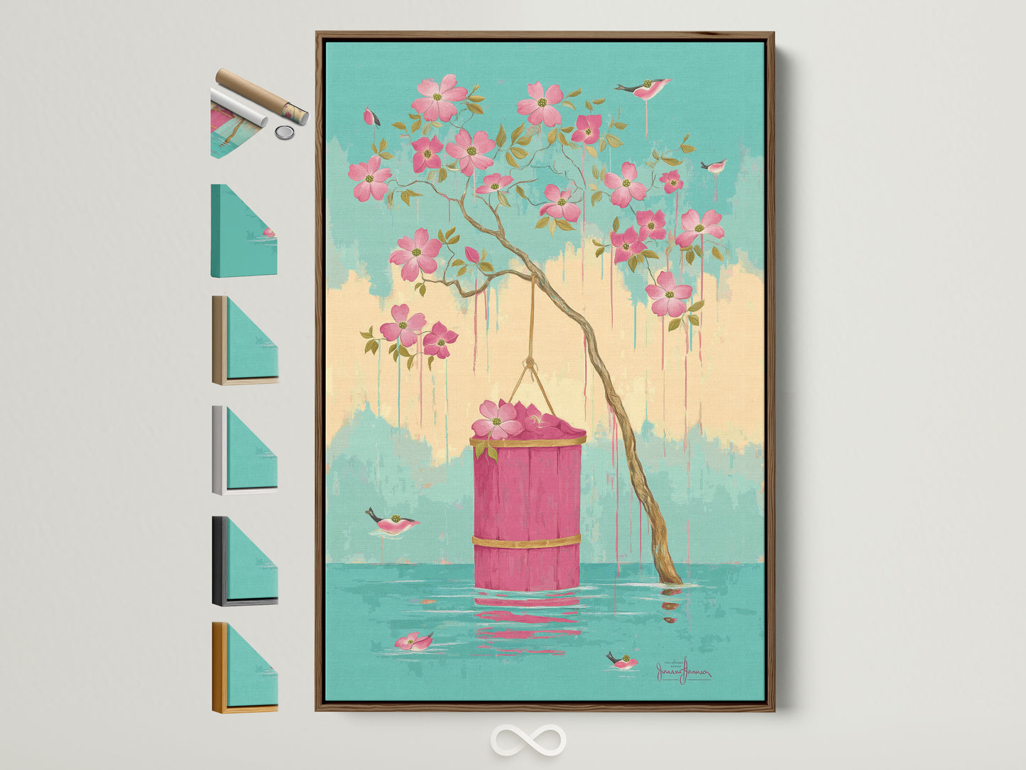 Floral Blossom artwork with a pink flower and bird theme graces a wall with a brown frame.  Various frame options are displayed beside it. This artwork offers a serene touch. It is ideal for modern interiors and feminine spaces.