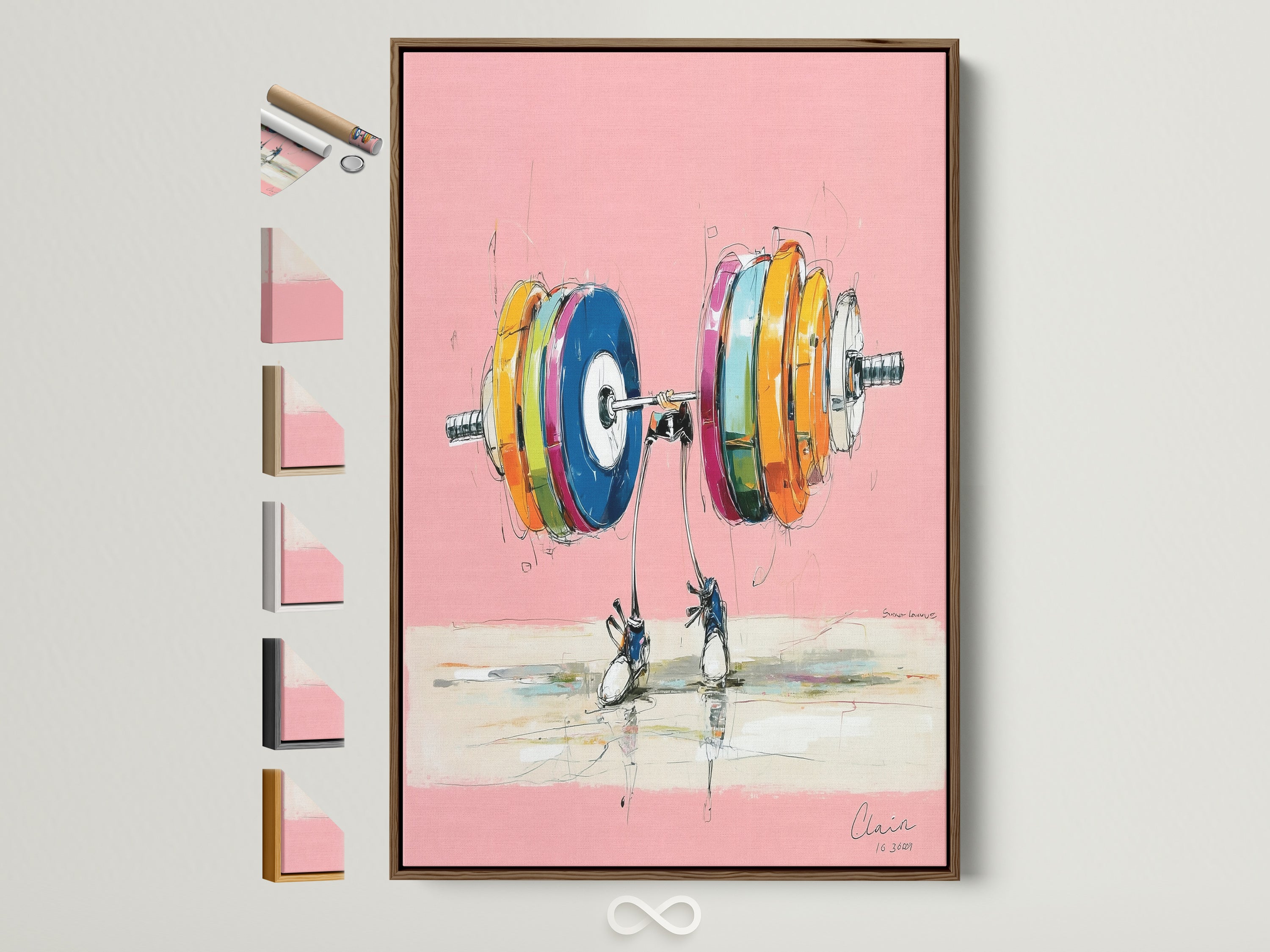 Weightlifting Canvas Print with a Brown Frame. This colorful gym wall art features an abstract fitness artwork. It is perfect for home gym decor. Find this modern art print in various frame options. Elevate your workout room with this sports art today