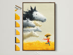 Artwork shows a boy running in a yellow field with horses. The artwork is framed in a brown frame. Different frame options are displayed. Perfect farmhouse artwork for a nursery.