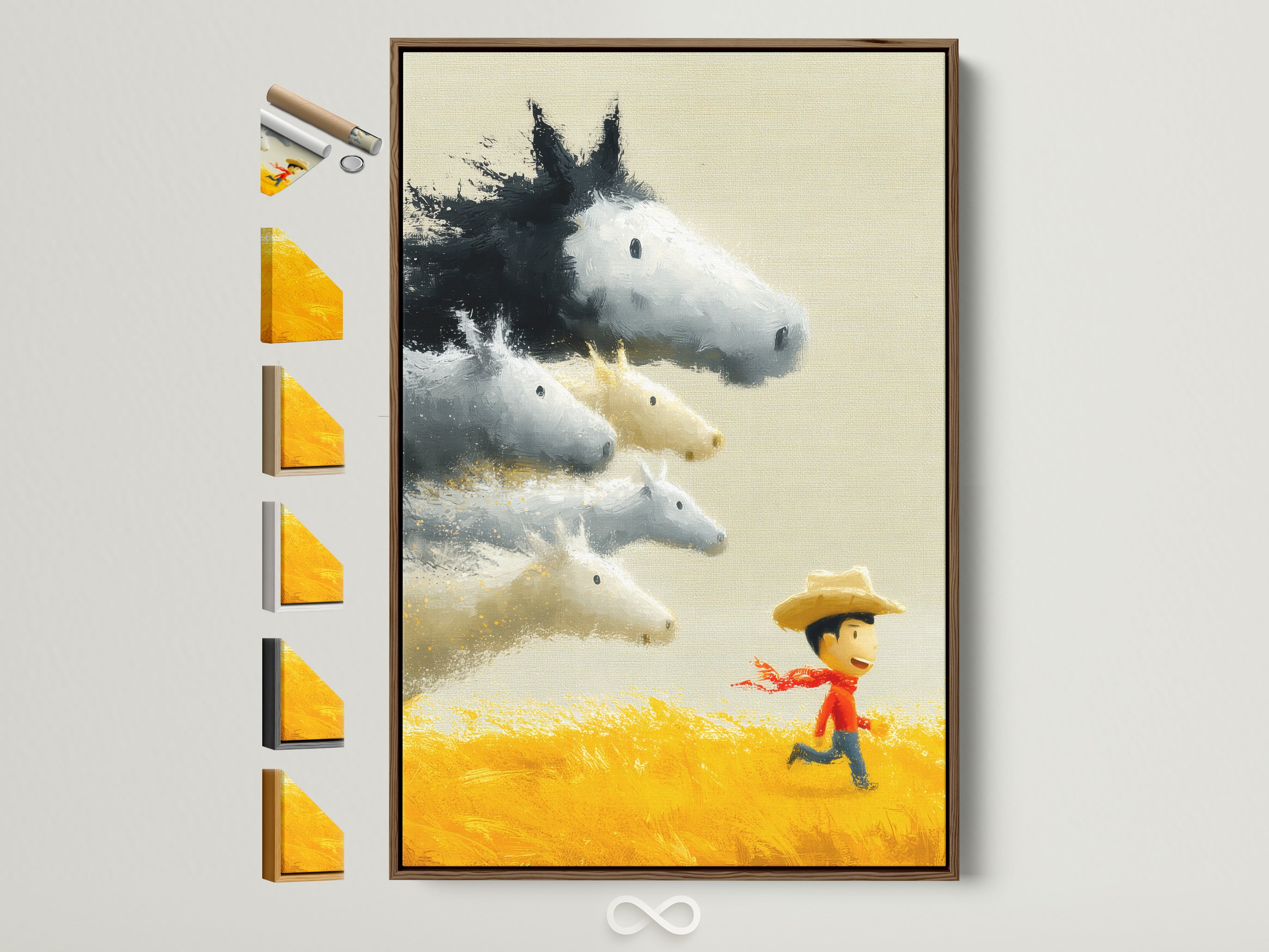 Artwork shows a boy running in a yellow field with horses. The artwork is framed in a brown frame. Different frame options are displayed. Perfect farmhouse artwork for a nursery.