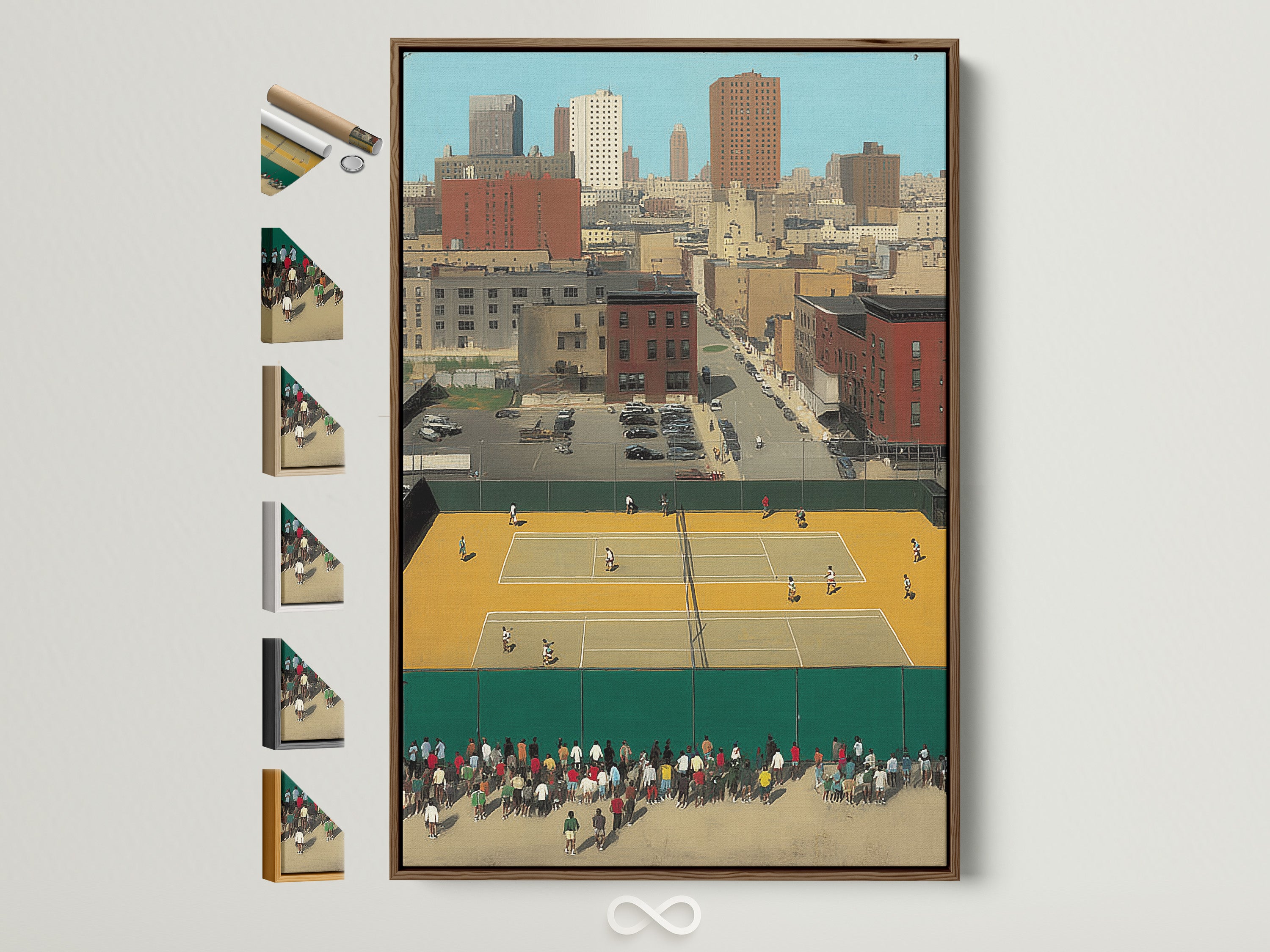 A framed Urban Tennis Court artwork hangs on a white wall. The brown frame complements the mid-century style. Other frame options are displayed. This vintage city sports art adds retro charm to any room. It's perfect sports wall decor.