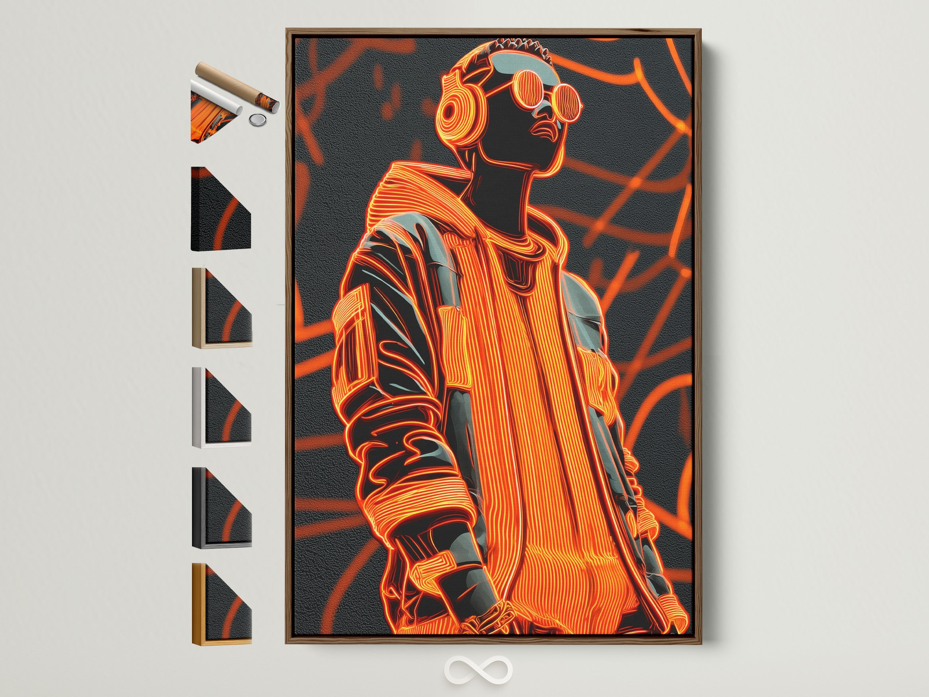 Artwork featuring a person with headphones and glasses is displayed in a brown frame. All frame options are visible on the side. This showcases the available choices for framing your artwork. Find the perfect frame to complement your art. Enhance your living space with framed art.