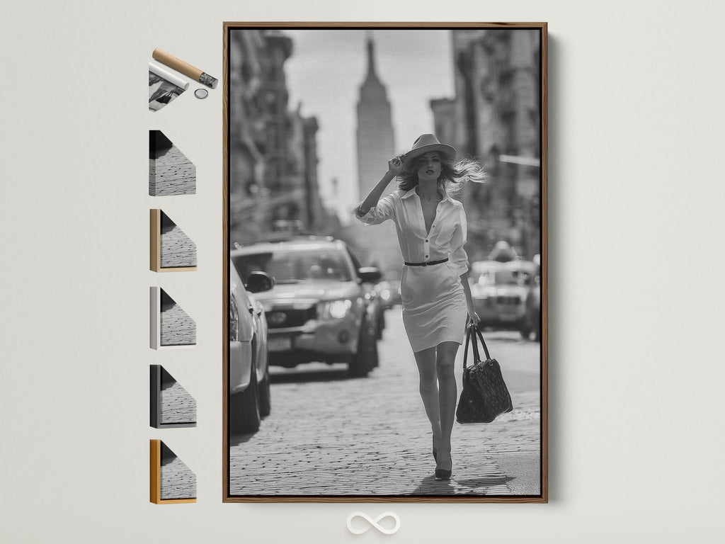 Elevate your space with framed artwork. Discover our brown frame option. This frame showcases a black and white photograph of a woman in a city street. Browse our frames to find the perfect style for your art.