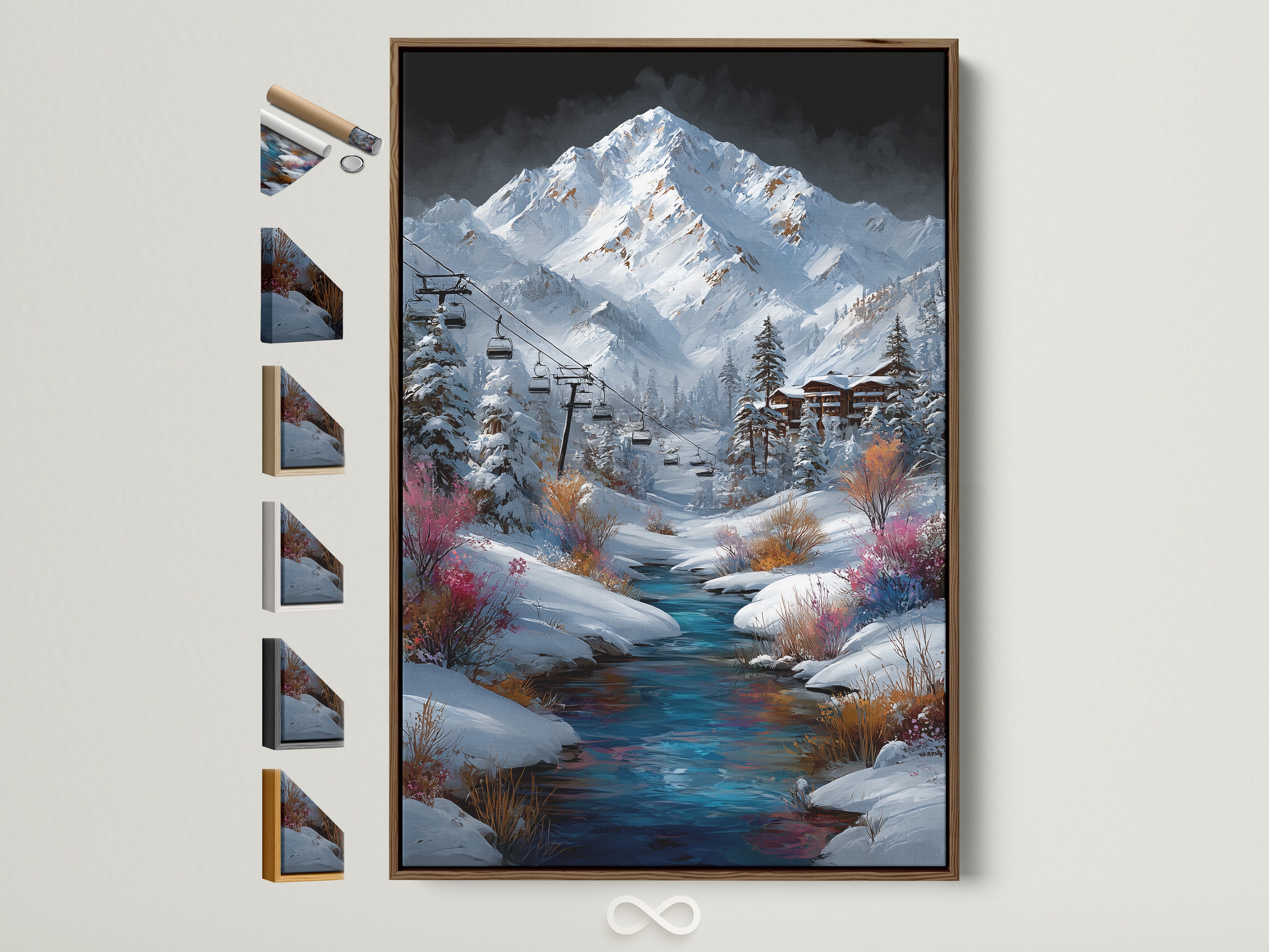Brown frame displays a winter mountain village art print. The artwork shows a snowy mountain scene with a ski lift and flowing stream. Explore frame options to perfectly complement your cabin decor. This alpine landscape brings the serenity of a ski resort to your walls.