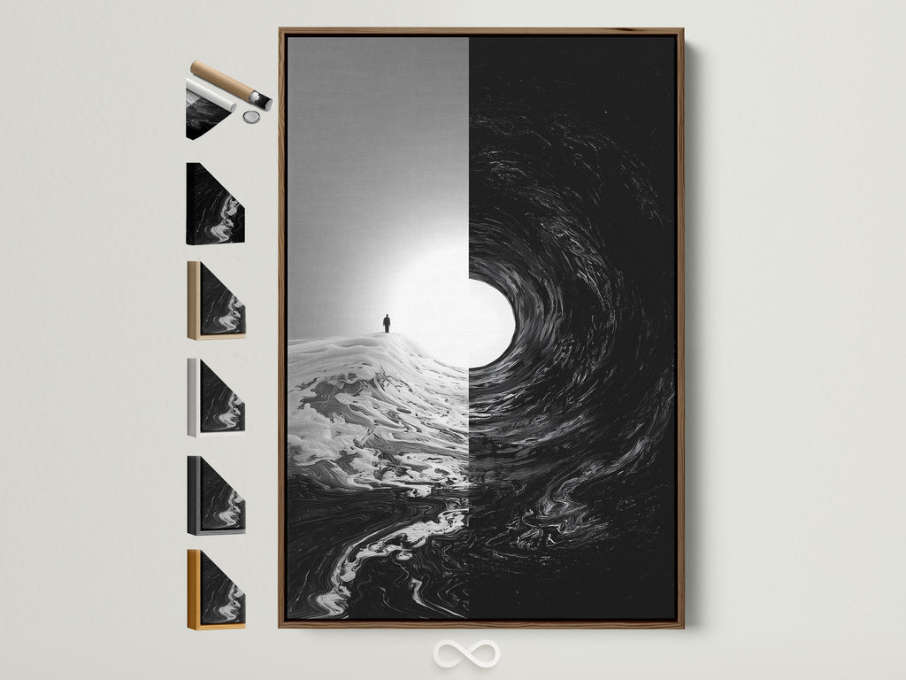 A captivating artwork is displayed within a brown frame. Various frame options are showcased beside it. This allows customers to visualize different framing choices. Find the perfect frame to complement your chosen artwork.