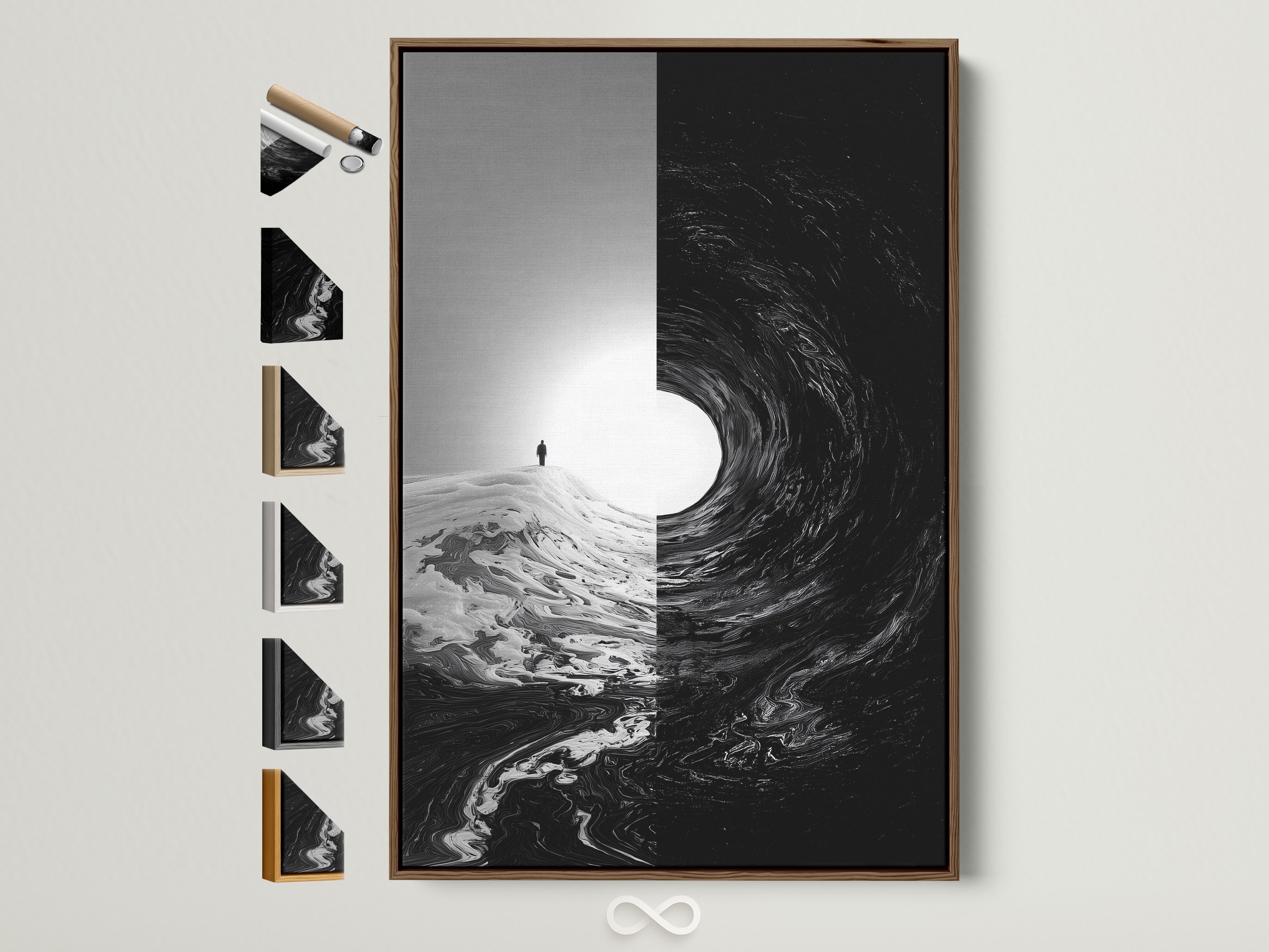 A captivating artwork is displayed within a brown frame. Various frame options are showcased beside it. This allows customers to visualize different framing choices. Find the perfect frame to complement your chosen artwork.