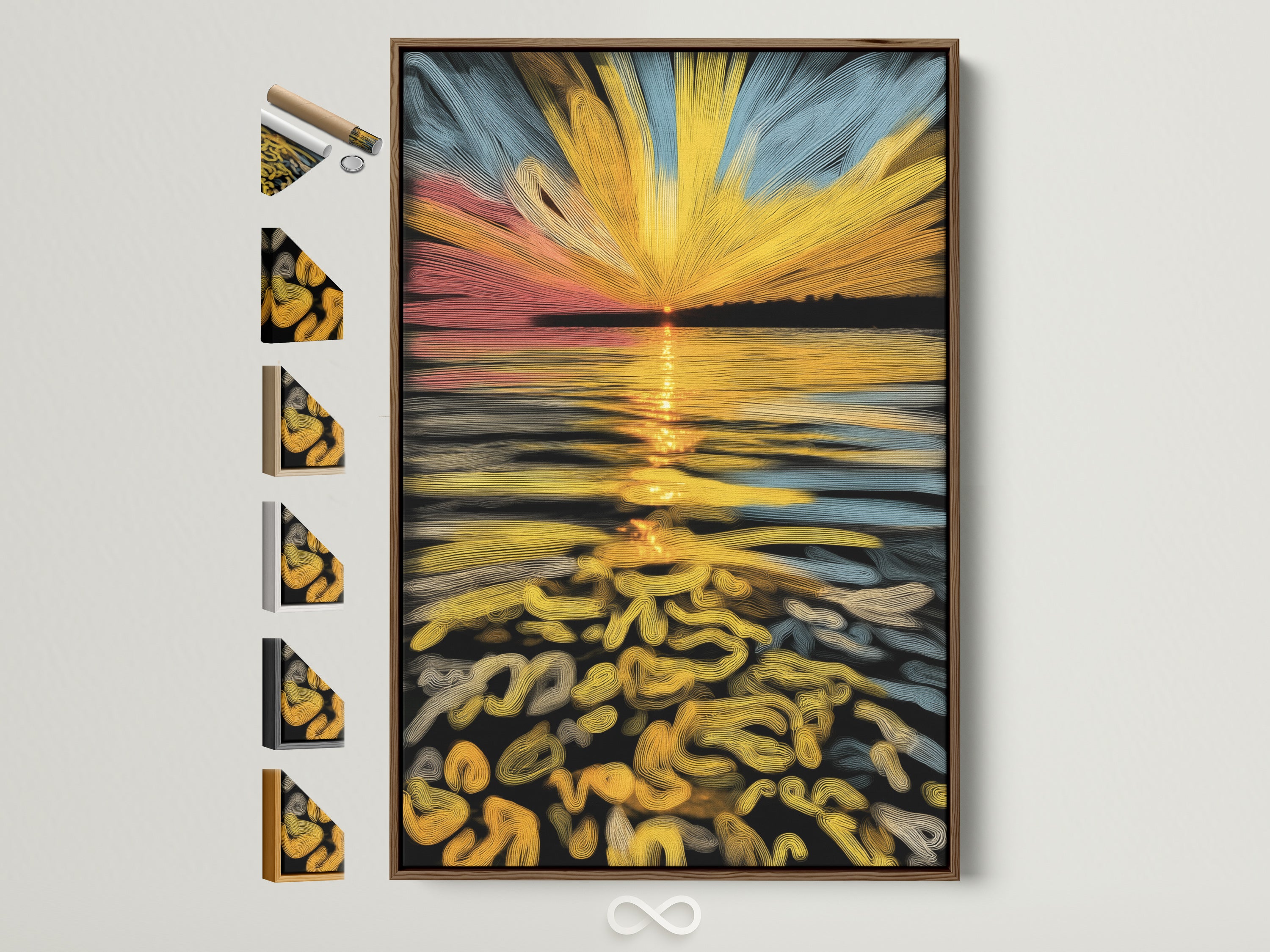 Abstract Sunset Canvas artwork in a brown frame. Frame options are displayed beside the main artwork. This golden ocean wave art is perfect for coastal minimalist or contemporary homes. Find refined wall art at our store.