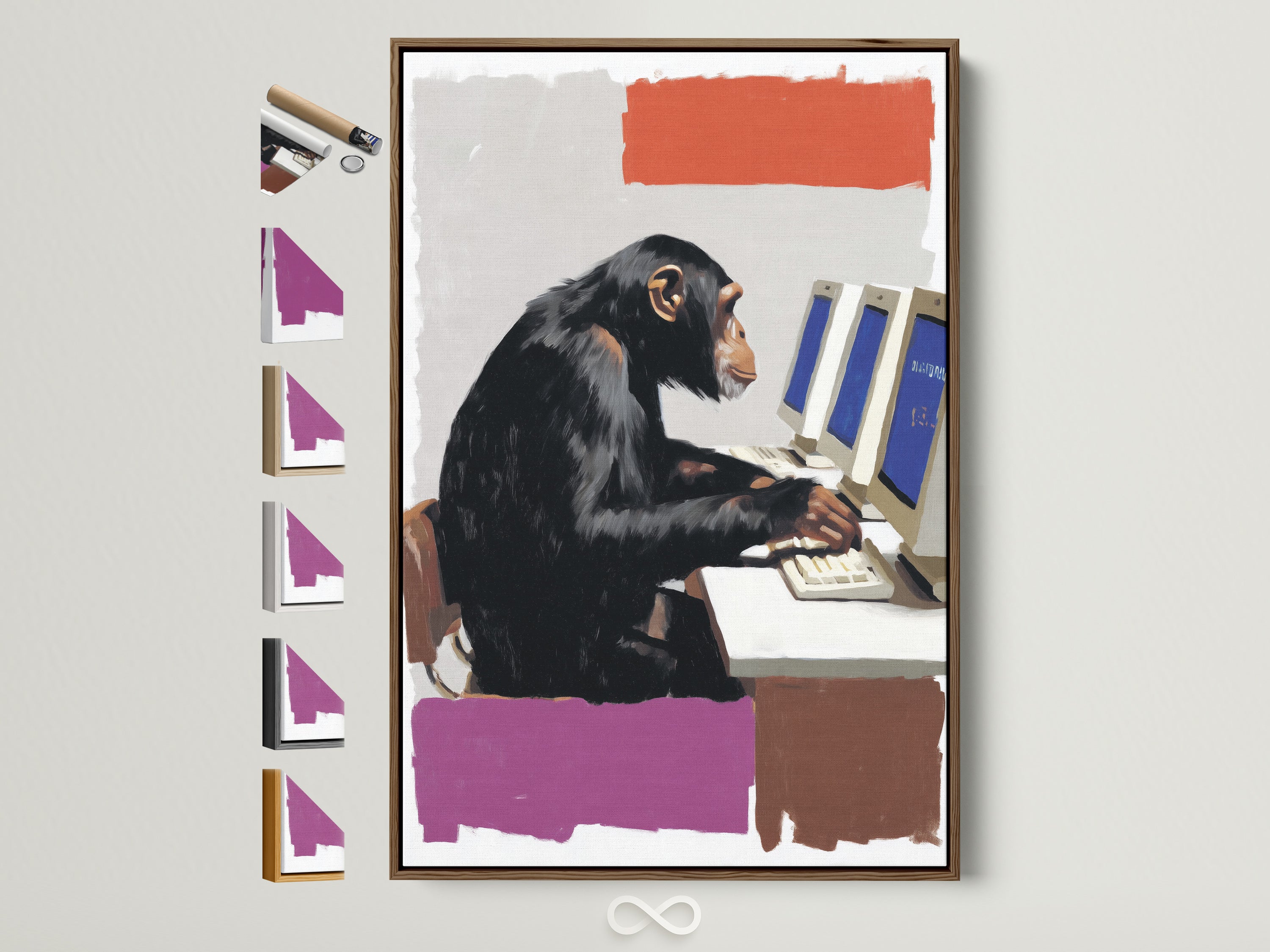 A humorous monkey computer art print displayed in a brown frame. See all available frame options. This quirky animal artwork is perfect for a home office. It's a great piece for IT professionals. Add a touch of humor to your workspace with this unique chimp wall art.