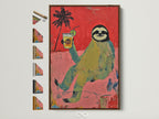 A vibrant sloth artwork is displayed in a brown frame. This artwork brings a tropical summer vibe. The frame showcases all available frame options. Perfect for adding a fun accent to any room.